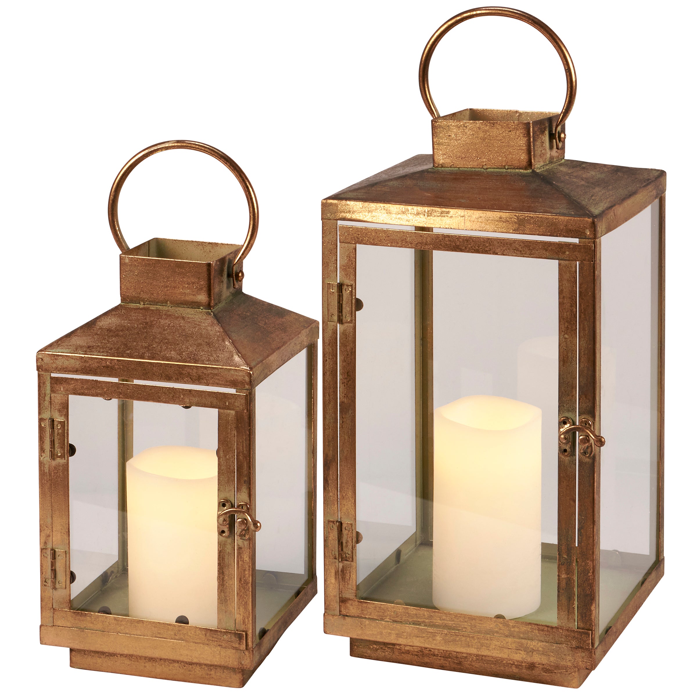 Rustic Antique Brass Finish Metal Lantern Set with Glass Panels