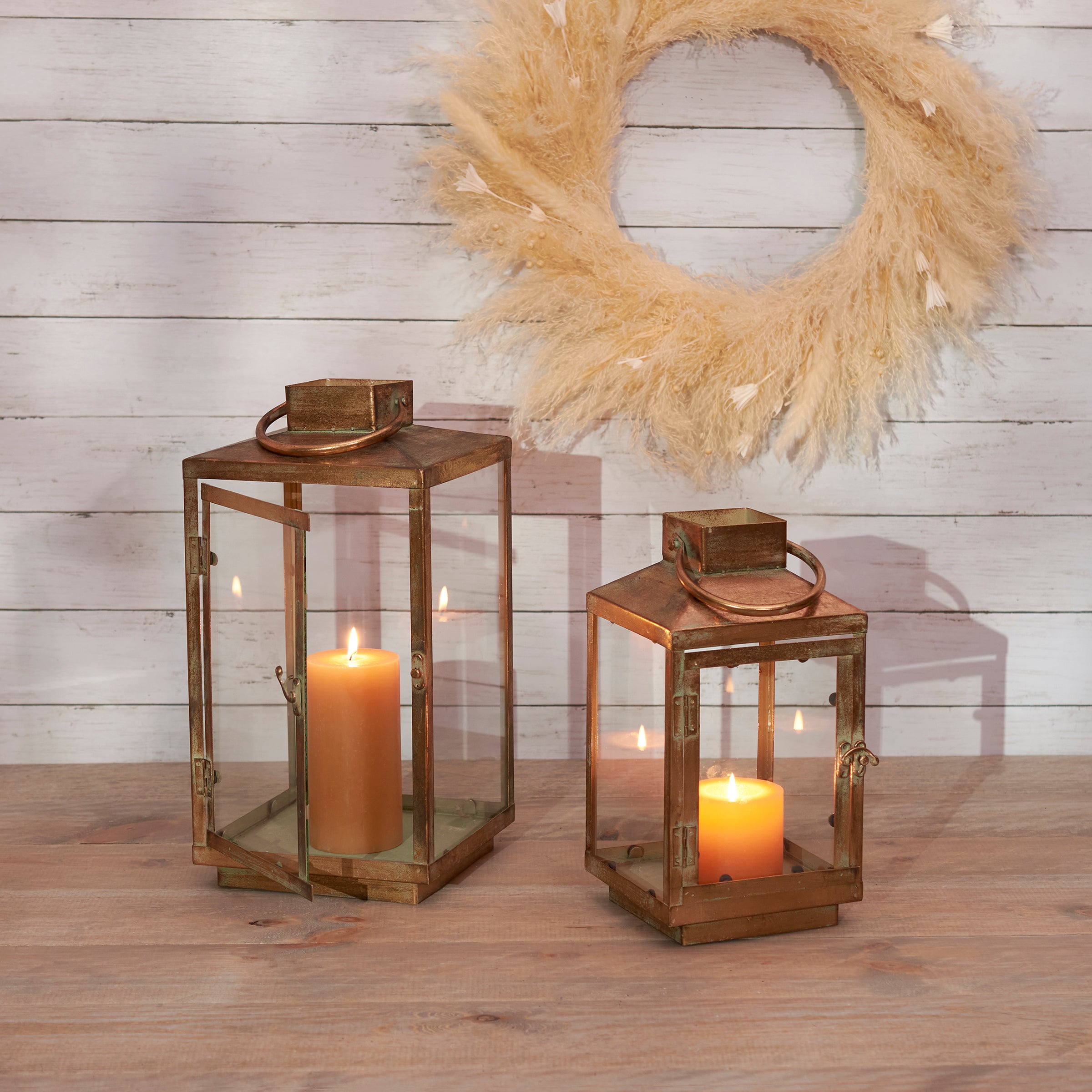 Rustic Antique Brass Finish Metal Lantern Set with Glass Panels