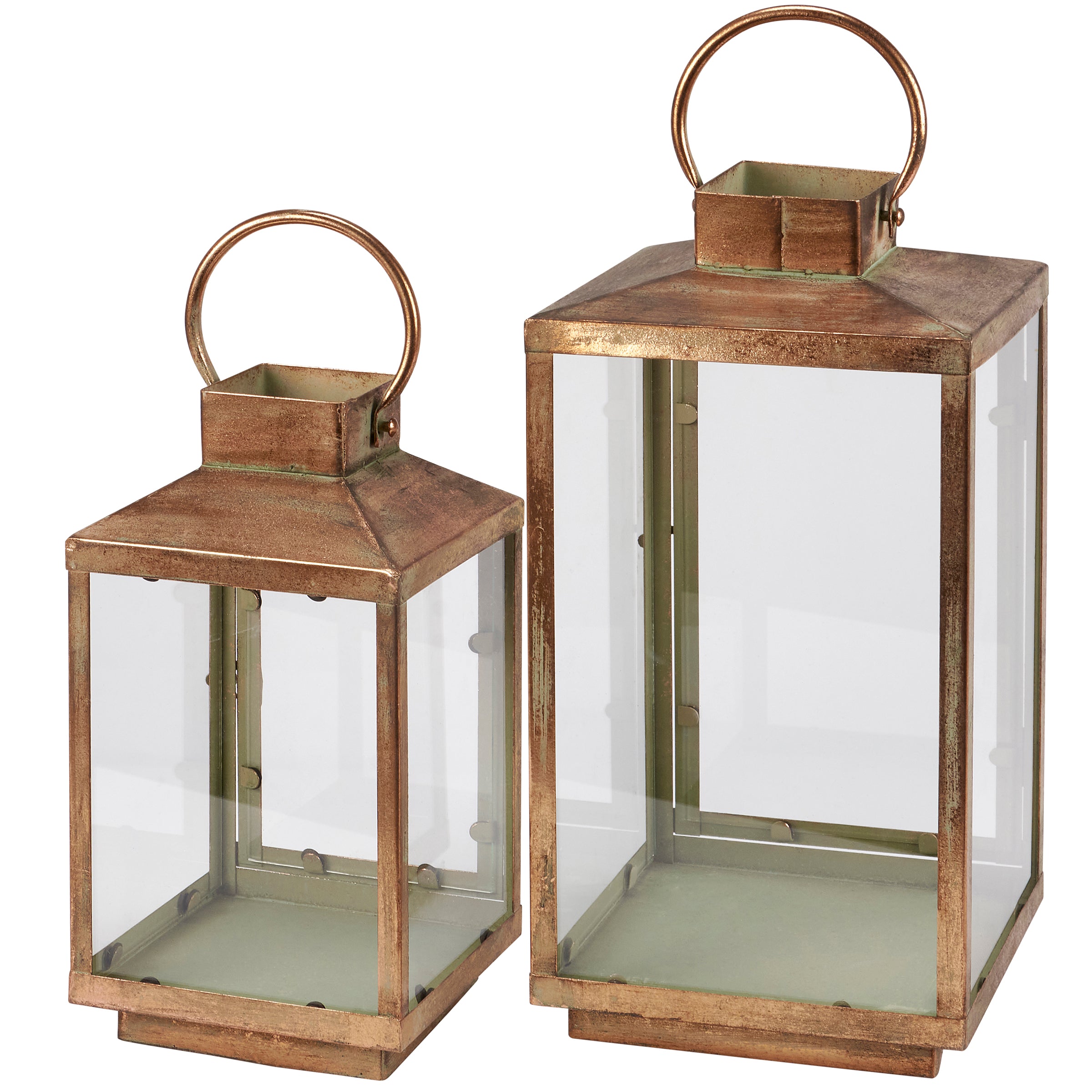 Rustic Antique Brass Finish Metal Lantern Set with Glass Panels