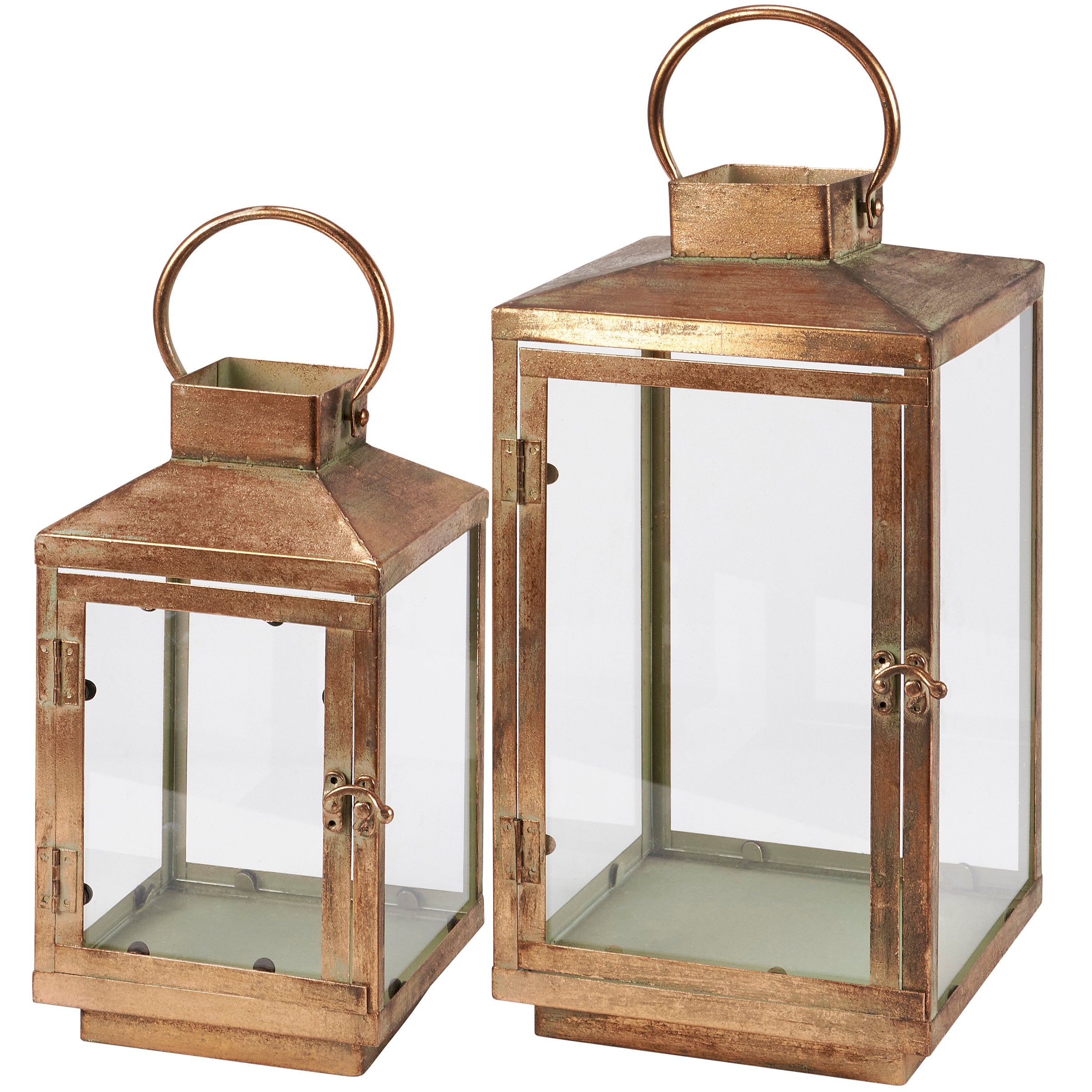 Rustic Antique Brass Finish Metal Lantern Set with Glass Panels