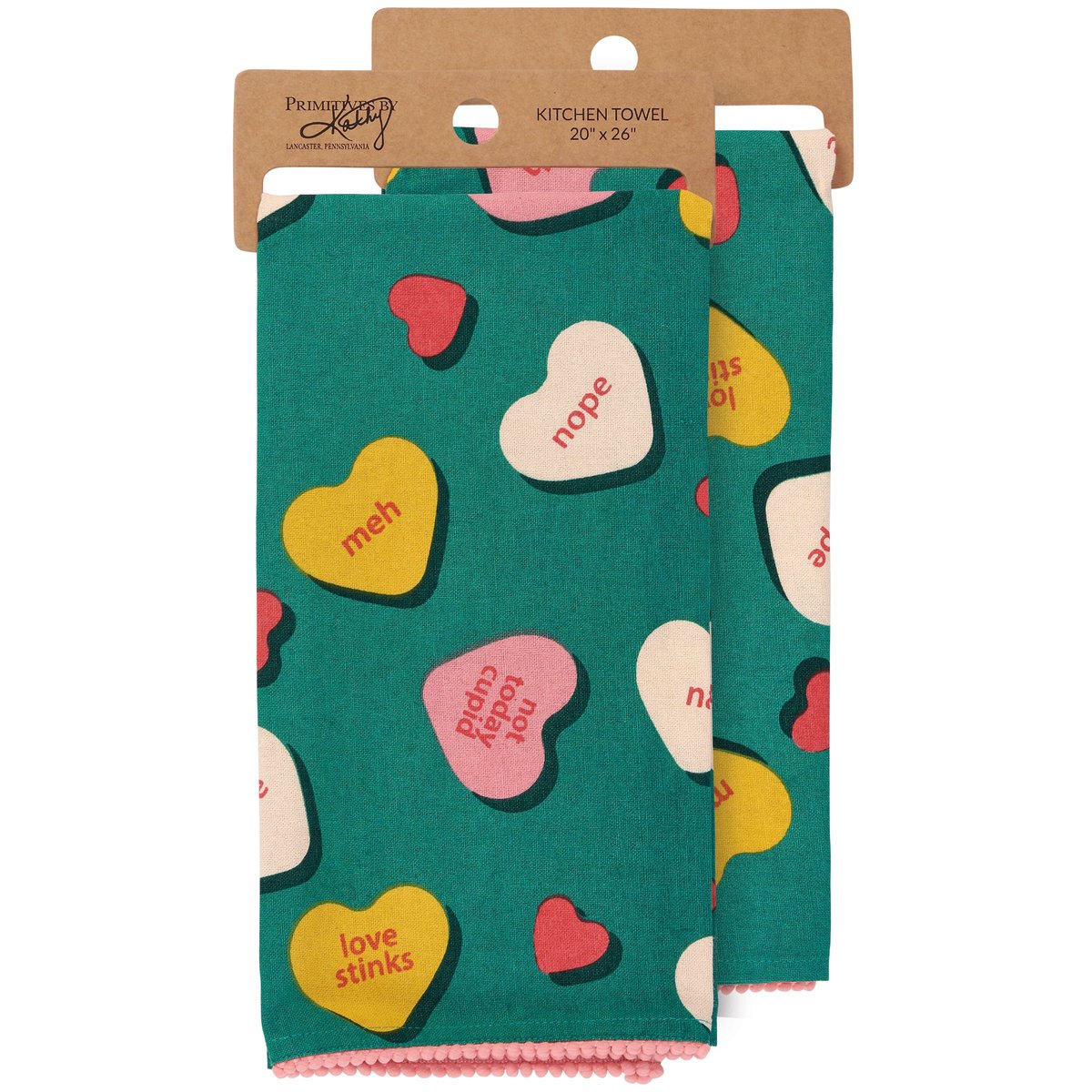 Sassy Anti-Valentine Cotton Kitchen Towel with Funny Candy Heart Sayings
