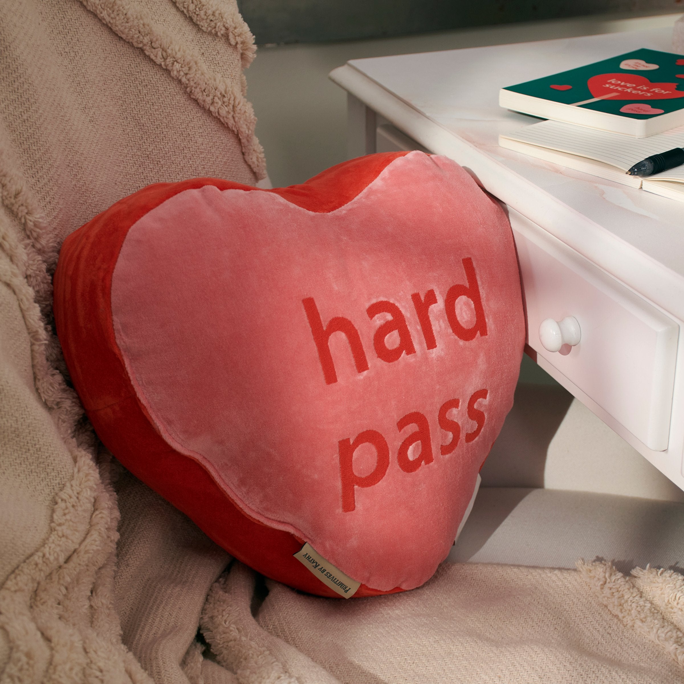 Sassy Anti-Valentine Velvet Candy Heart Pillow: 'Love Stinks' & 'Hard Pass' Sentiments
