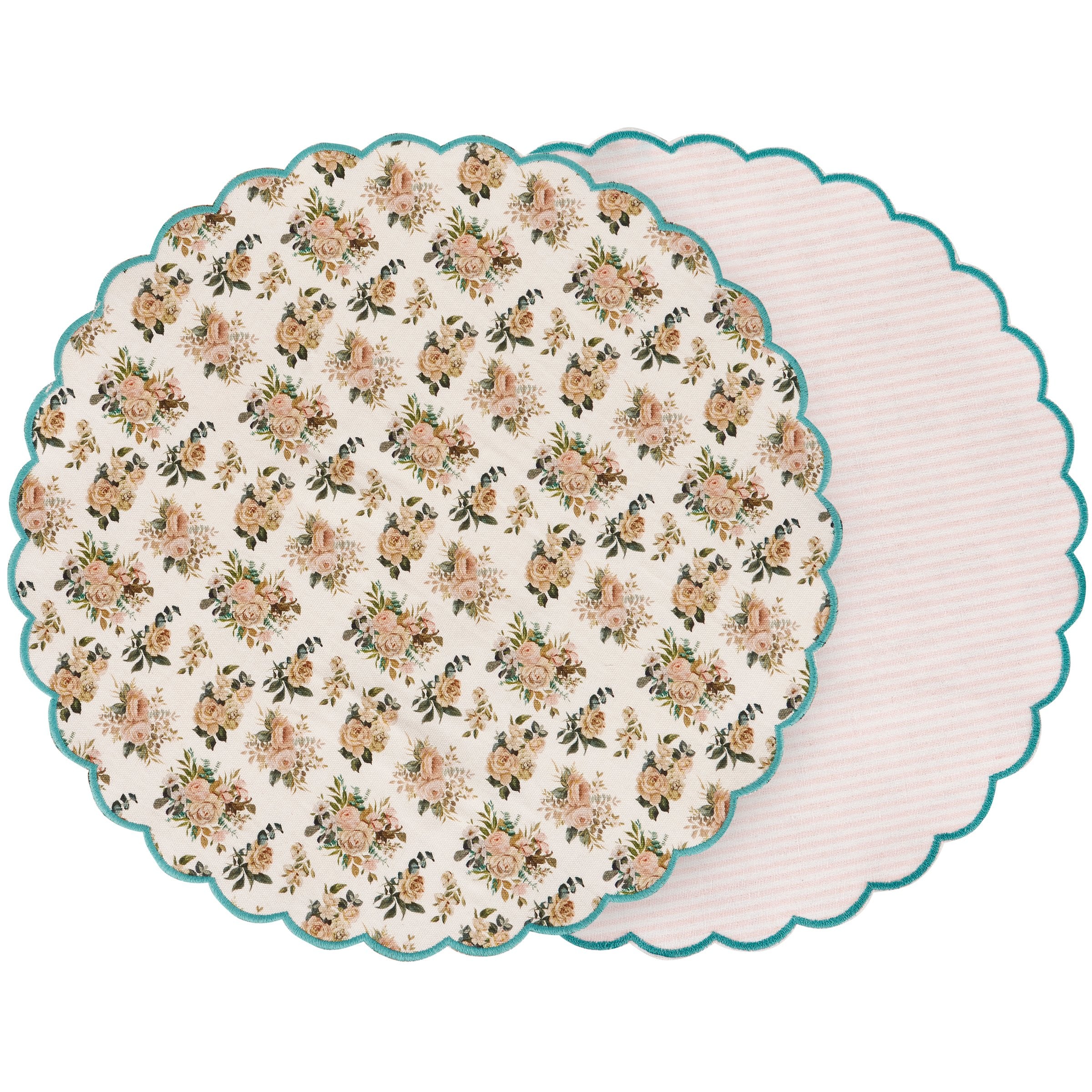 Charming Double-Sided Cabbage Rose Floral & Striped Cotton Placemat - 16-inch Diameter