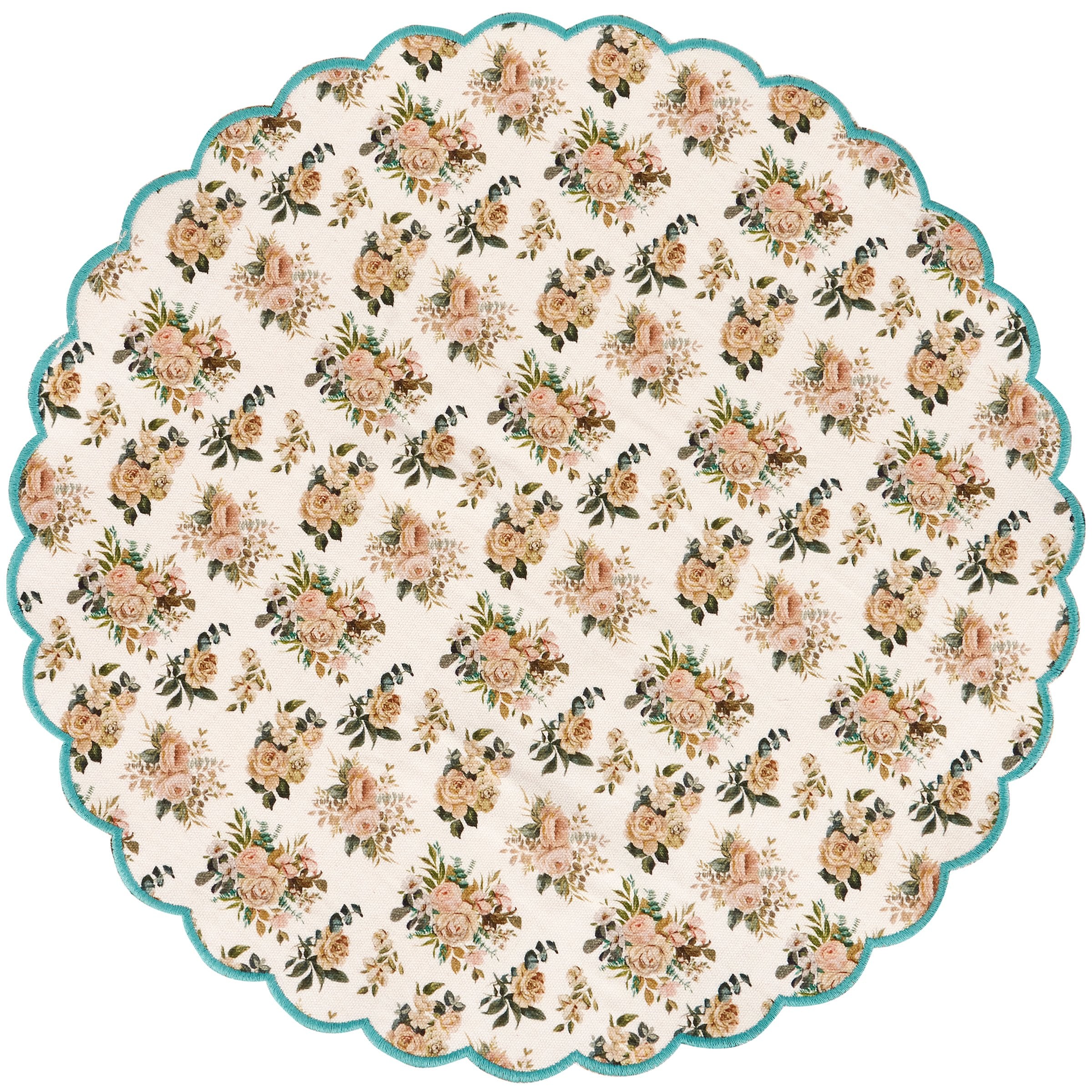 Charming Double-Sided Cabbage Rose Floral & Striped Cotton Placemat - 16-inch Diameter