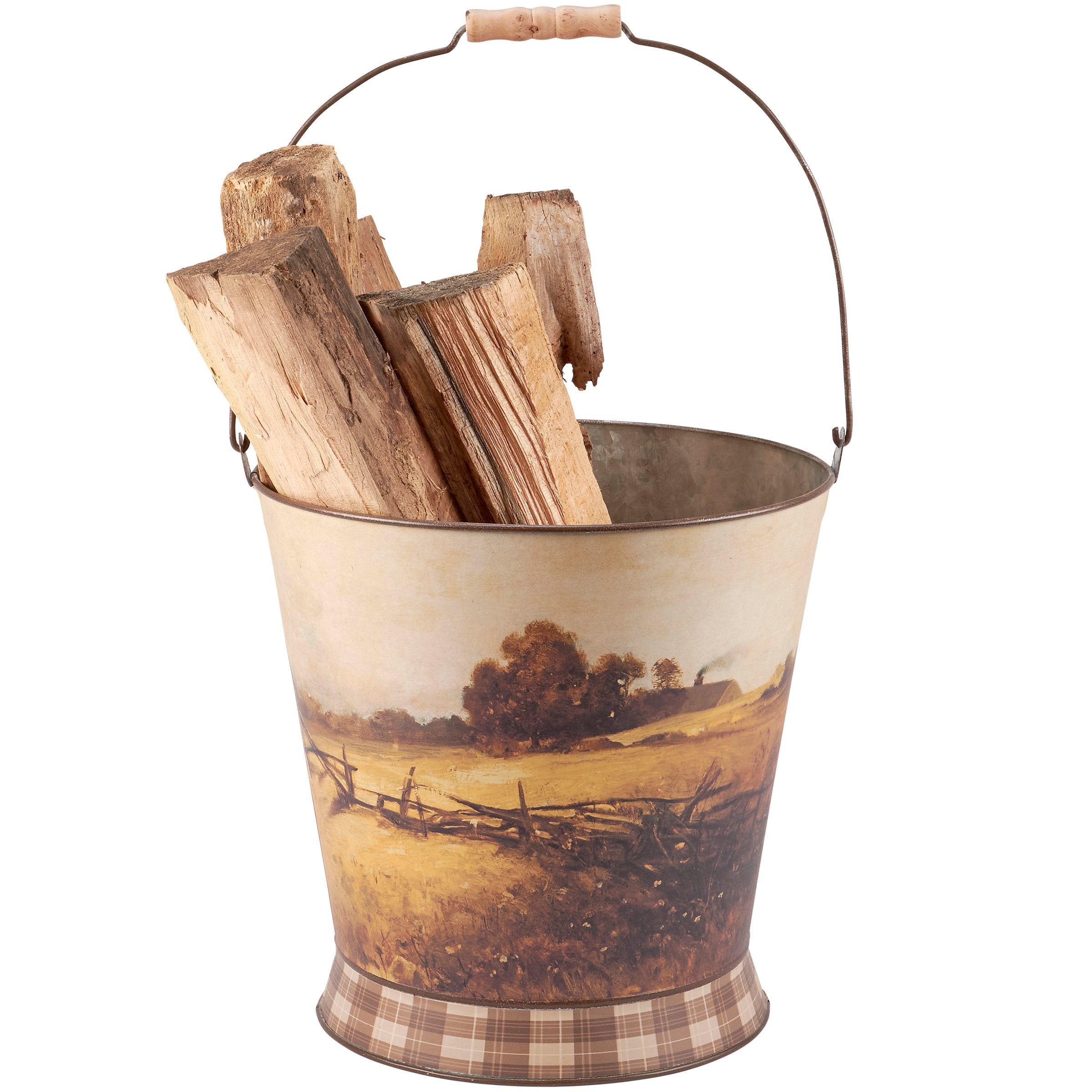 Rustic Galvanized Metal Rural Farmland Bucket with Wood Grip Handle Decor