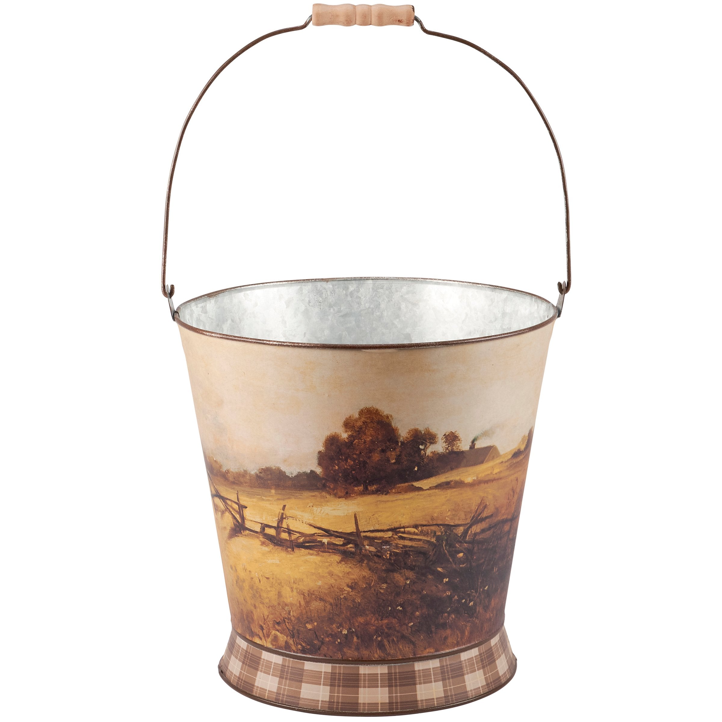 Rustic Galvanized Metal Rural Farmland Bucket with Wood Grip Handle Decor