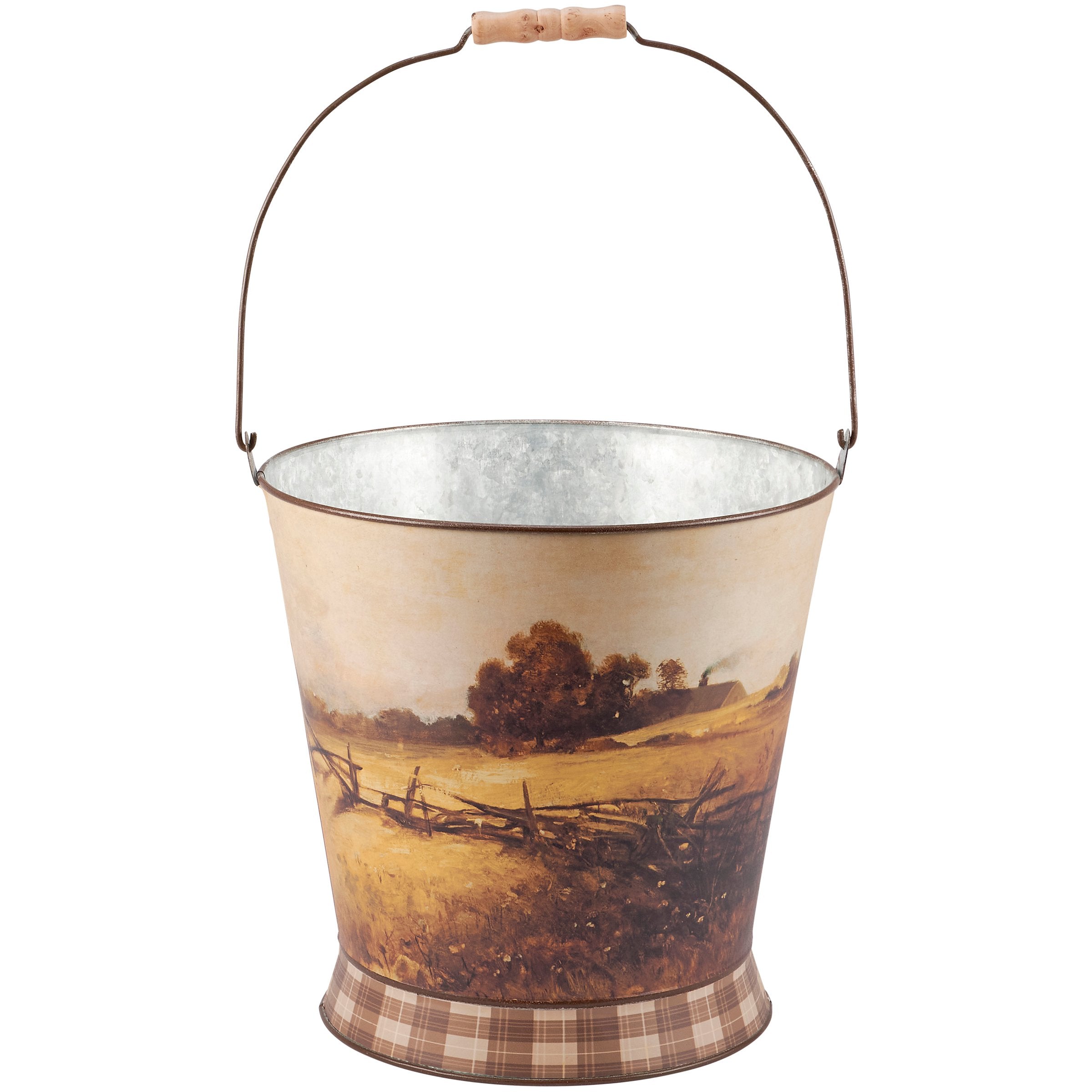 Rustic Galvanized Metal Rural Farmland Bucket with Wood Grip Handle Decor