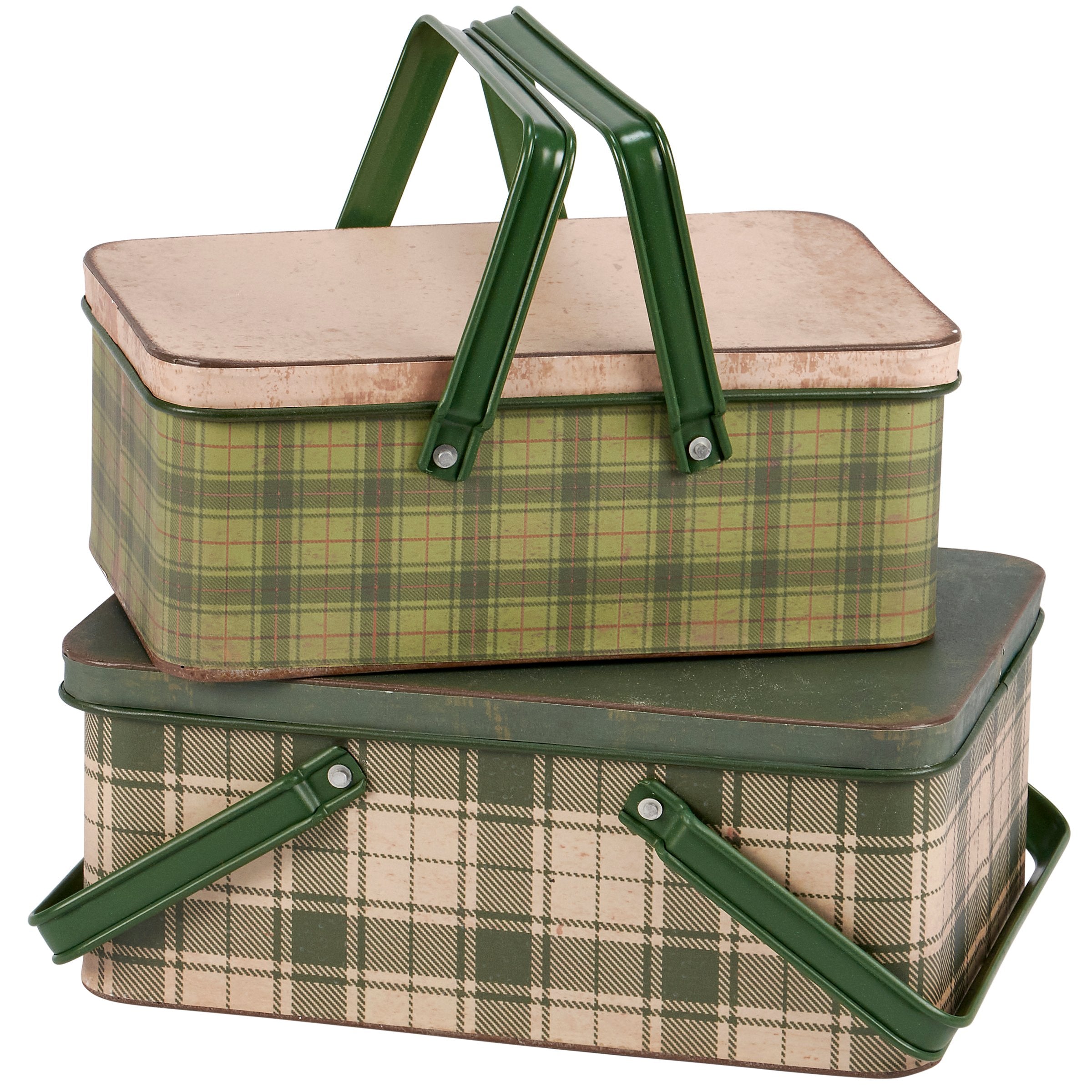 Rustic Green Tartan Plaid Metal Nesting Storage Bins with Lids, 2-Piece Set