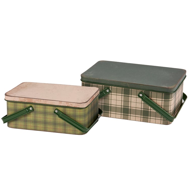 Rustic Green Tartan Plaid Metal Nesting Storage Bins with Lids, 2-Piece Set