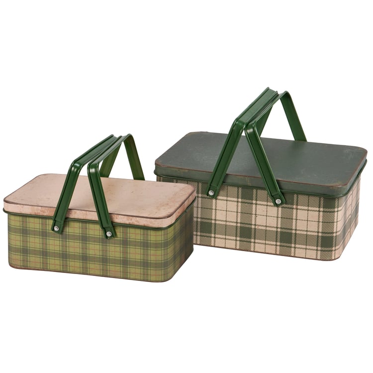 Rustic Green Tartan Plaid Metal Nesting Storage Bins with Lids, 2-Piece Set