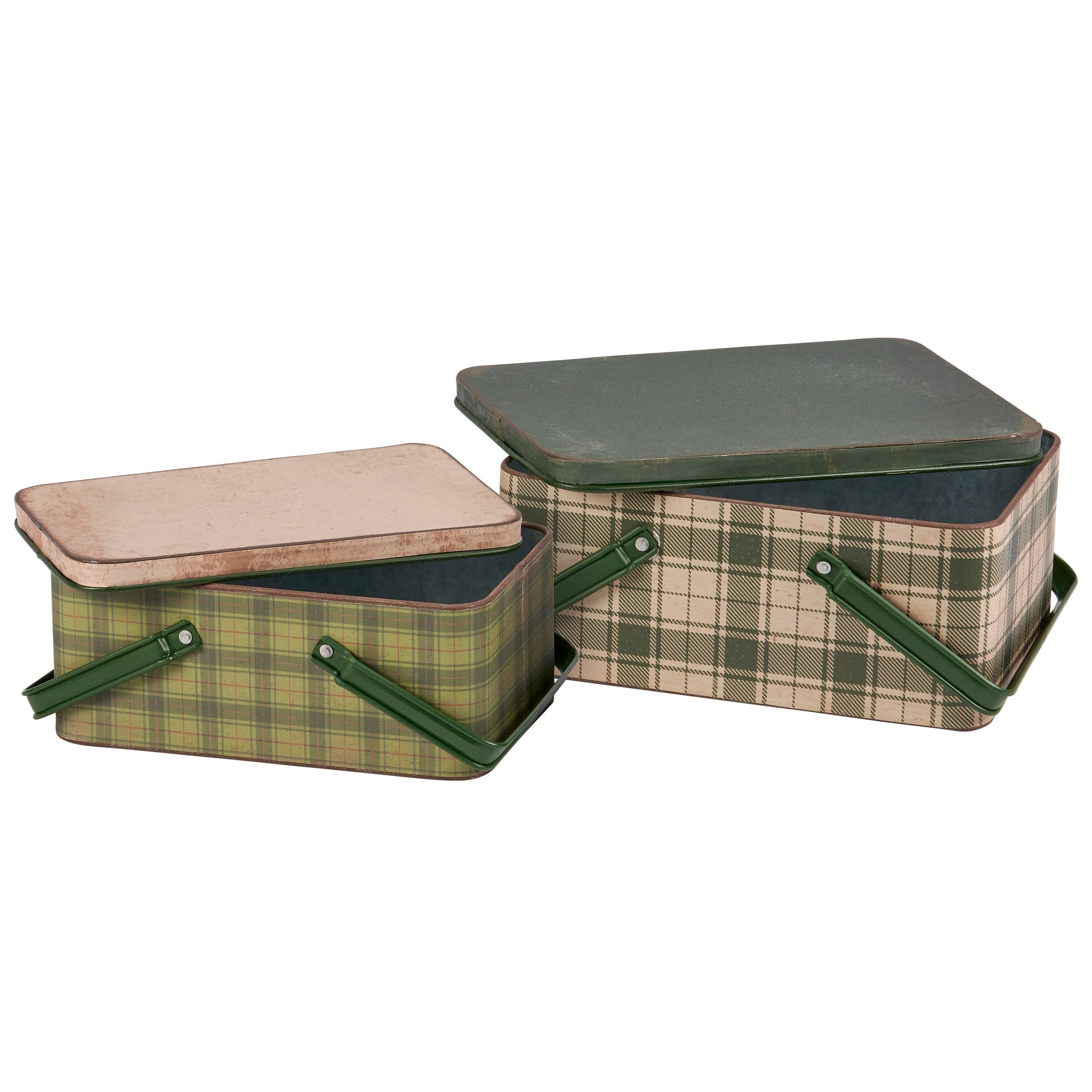 Rustic Green Tartan Plaid Metal Nesting Storage Bins with Lids, 2-Piece Set