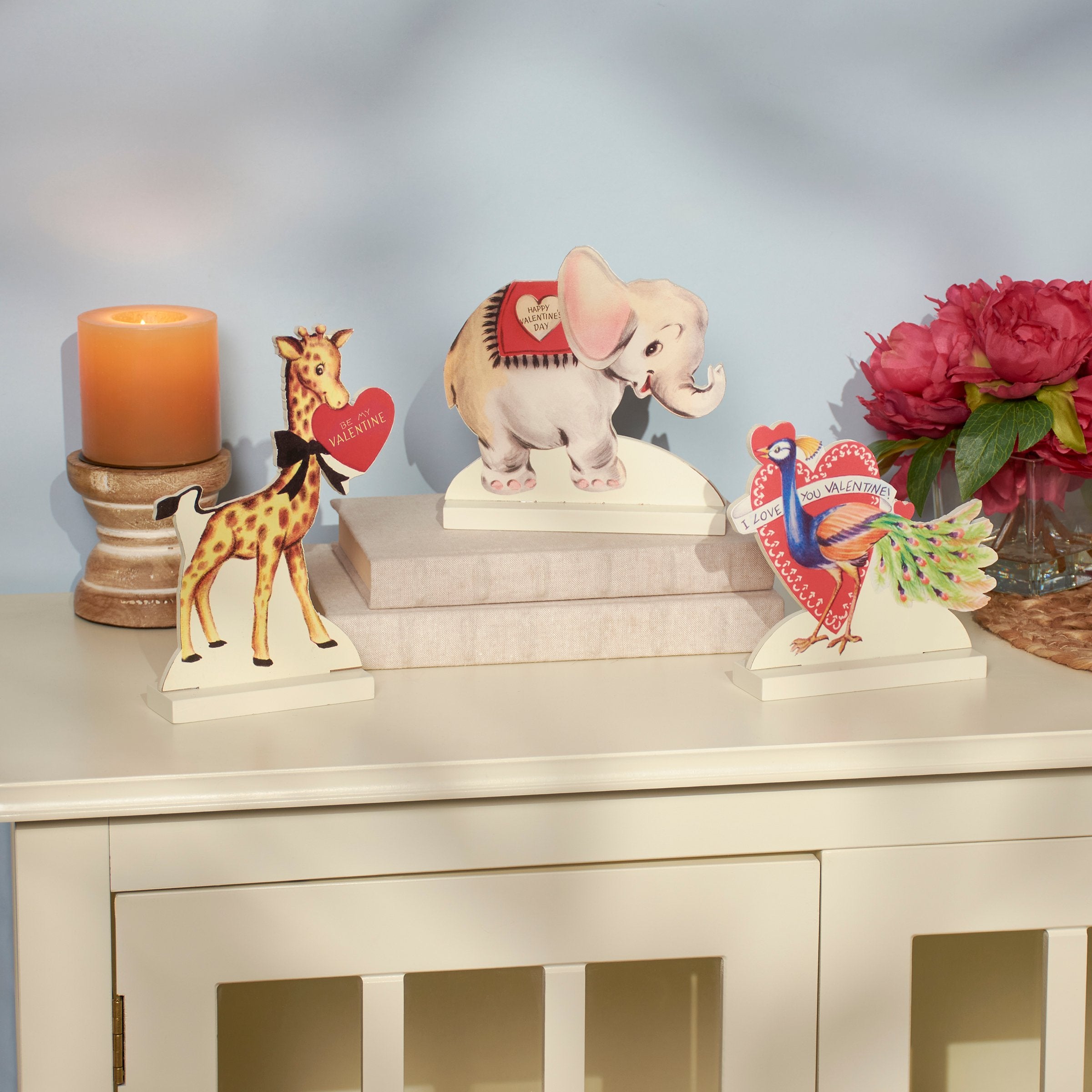 Charming Valentine's Day Wooden Stand-Up Set - Retro Animal Decor Accents