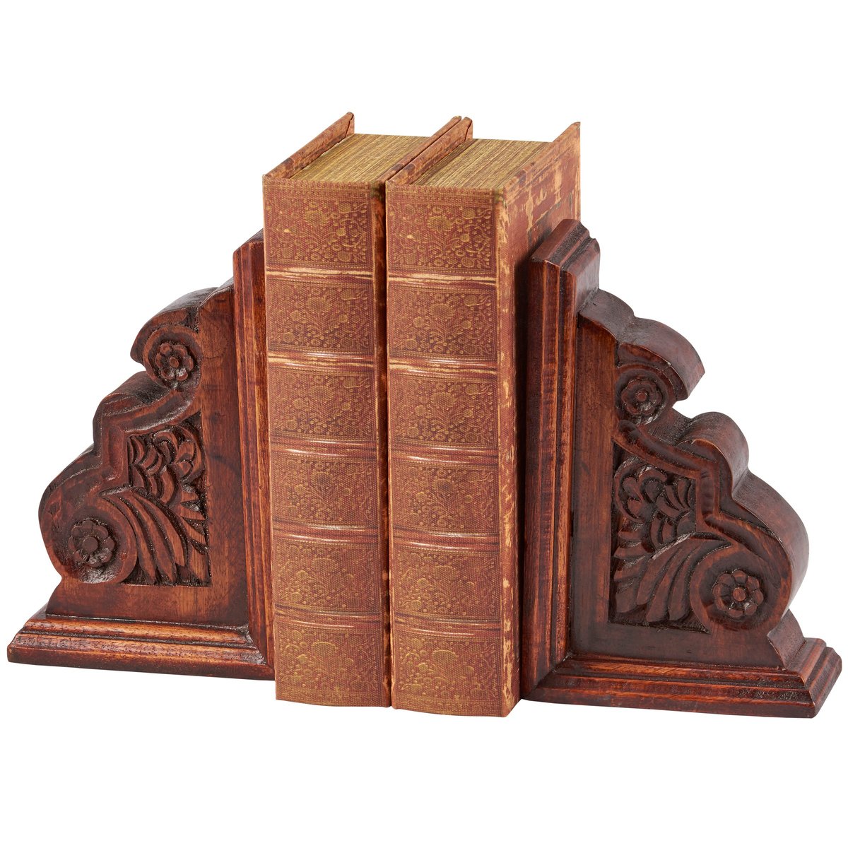 Charming Dark Academia Wood Bookends with Intricate Floral Carvings, Pair