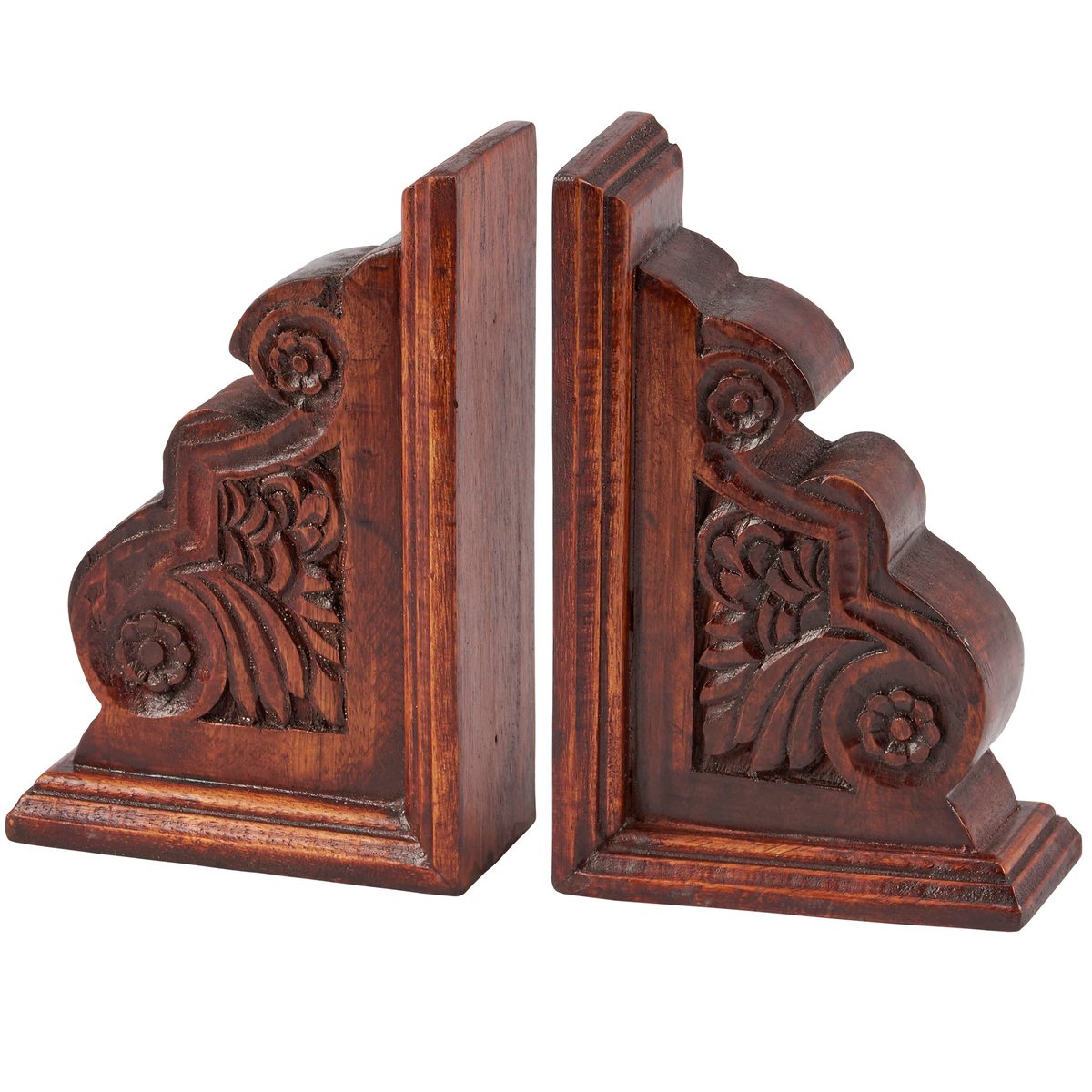 Charming Dark Academia Wood Bookends with Intricate Floral Carvings, Pair