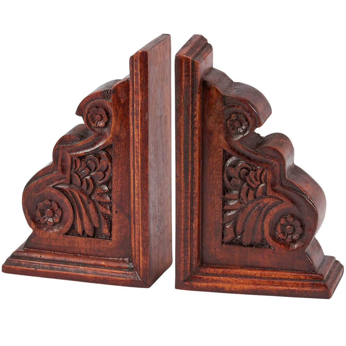 Charming Dark Academia Wood Bookends with Intricate Floral Carvings, Pair