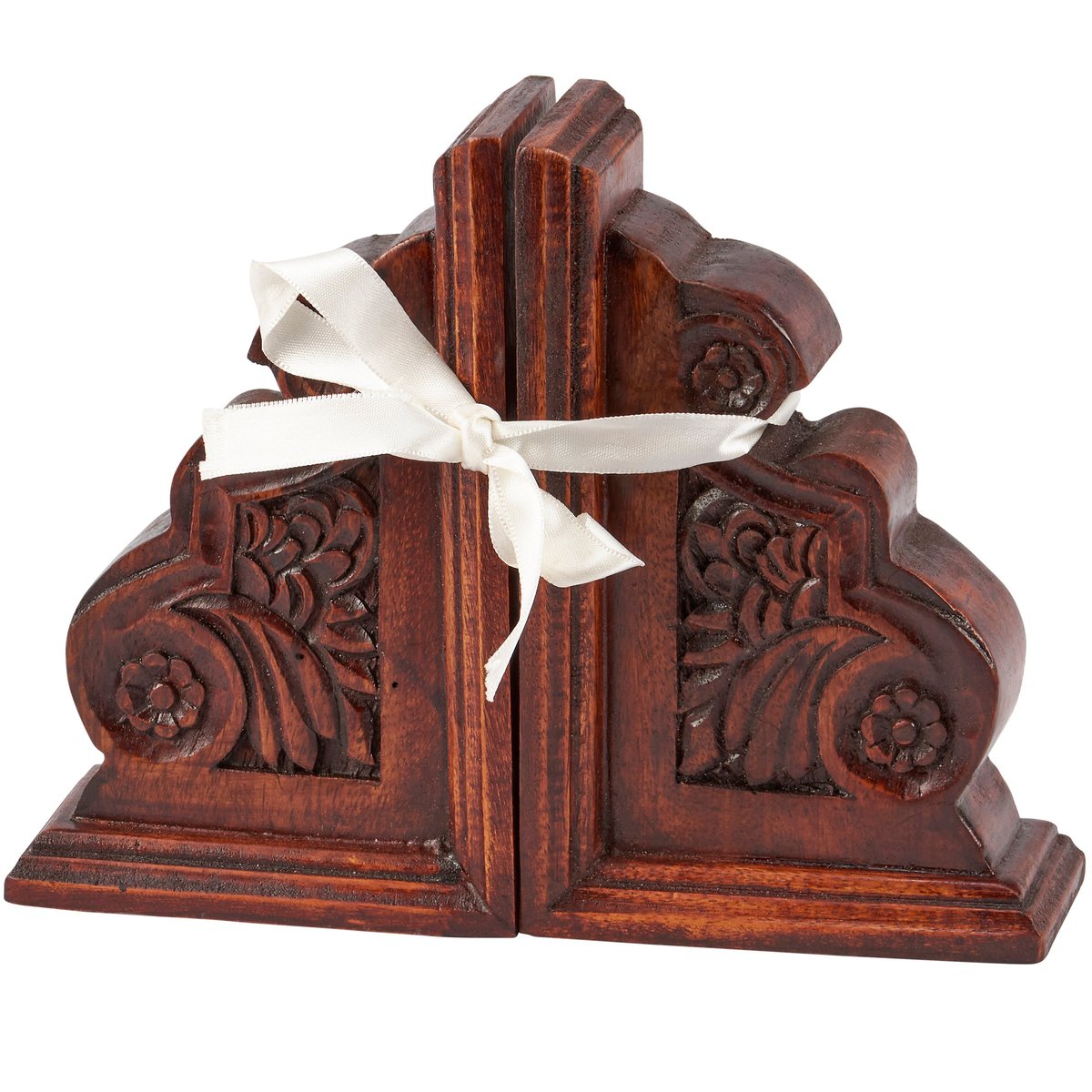Charming Dark Academia Wood Bookends with Intricate Floral Carvings, Pair