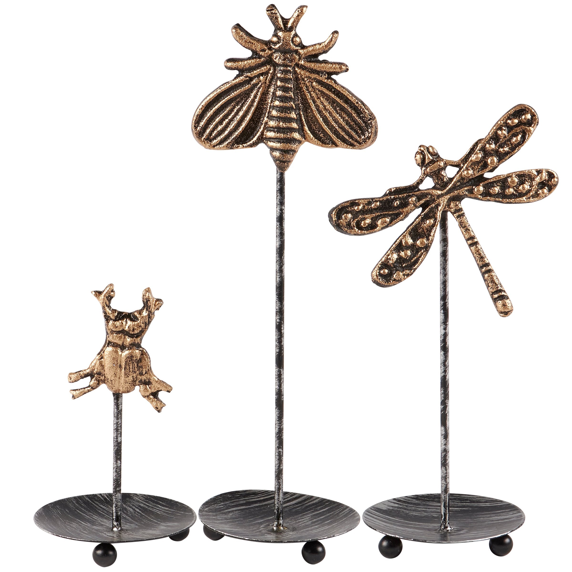 Antique Metal Insect Sitter Set: Decorative Beetle, Dragonfly, Moth Home Accents