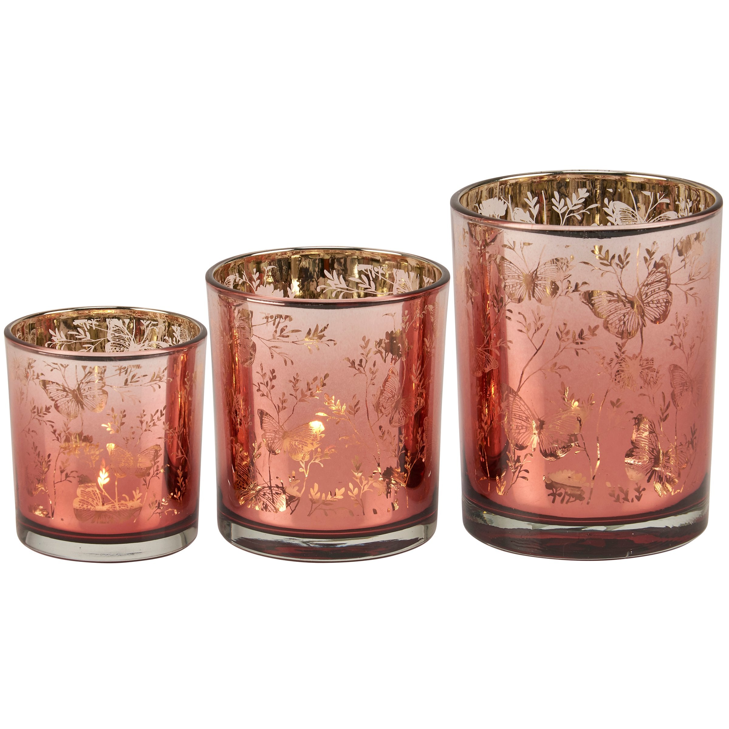 Elegant Butterfly & Floral Glass Votive Candle Holder Set - Rose Gold Accent