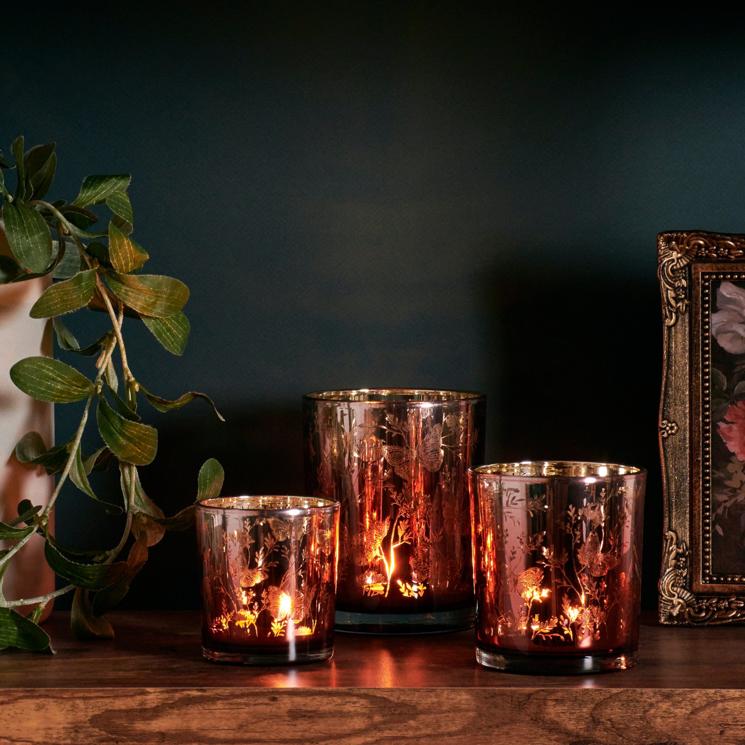 Elegant Butterfly & Floral Glass Votive Candle Holder Set - Rose Gold Accent