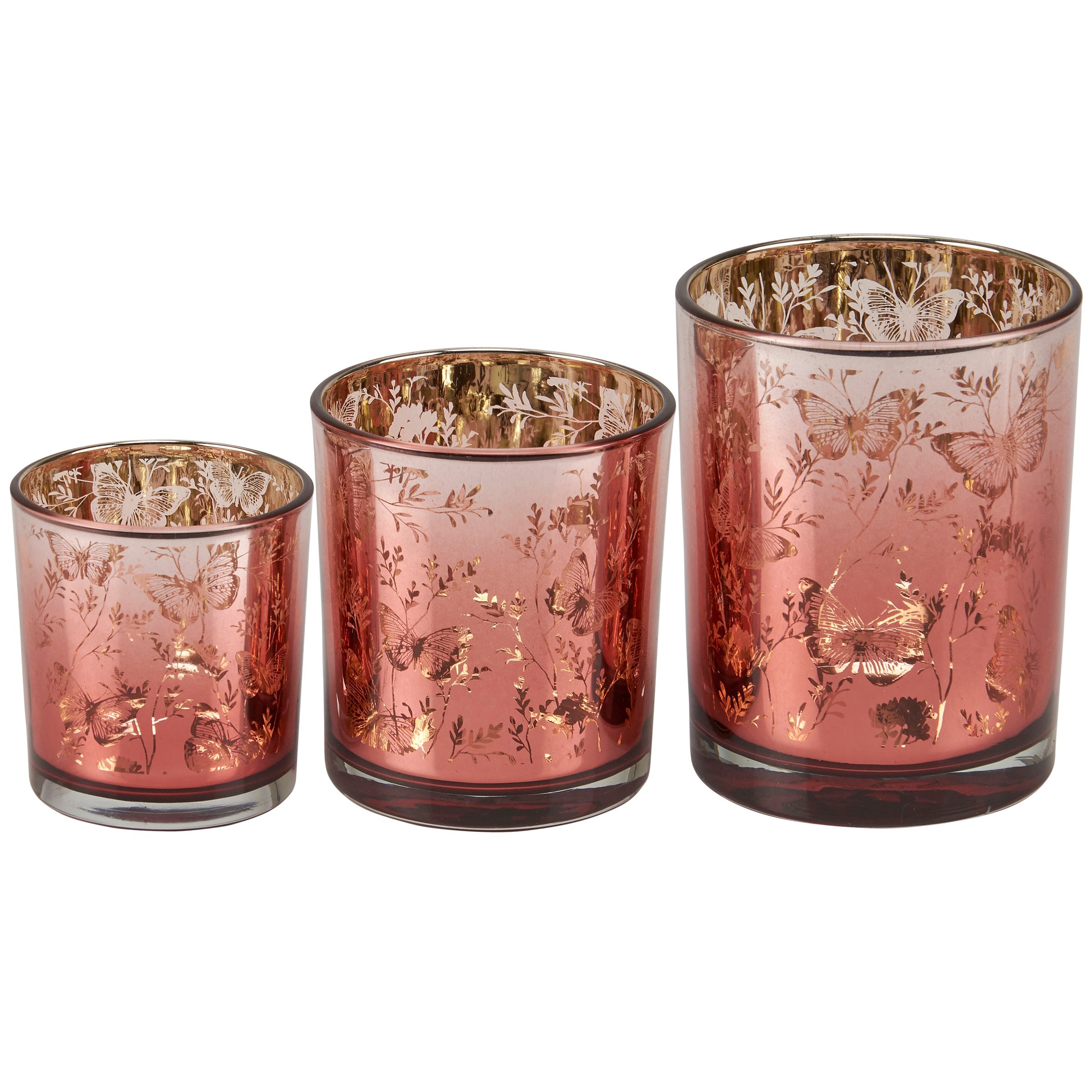 Elegant Butterfly & Floral Glass Votive Candle Holder Set - Rose Gold Accent