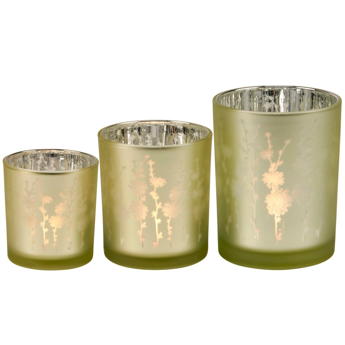 Elegant Frosted Green Glass Botanical Votive Candle Holder Set, 3-Piece Home Decor