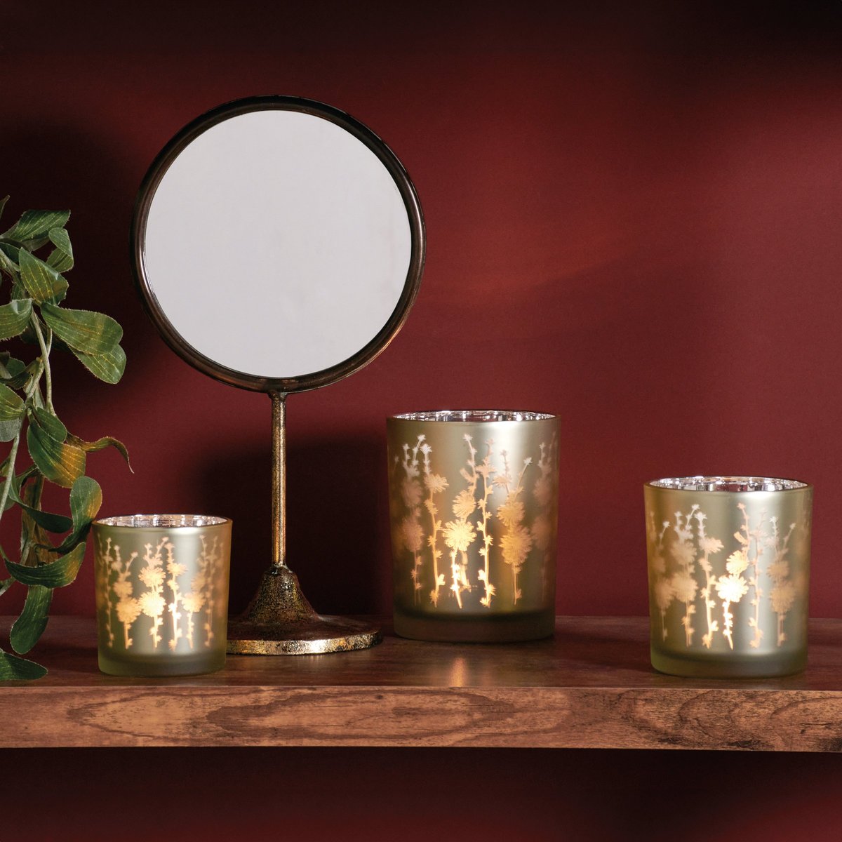 Elegant Frosted Green Glass Botanical Votive Candle Holder Set, 3-Piece Home Decor