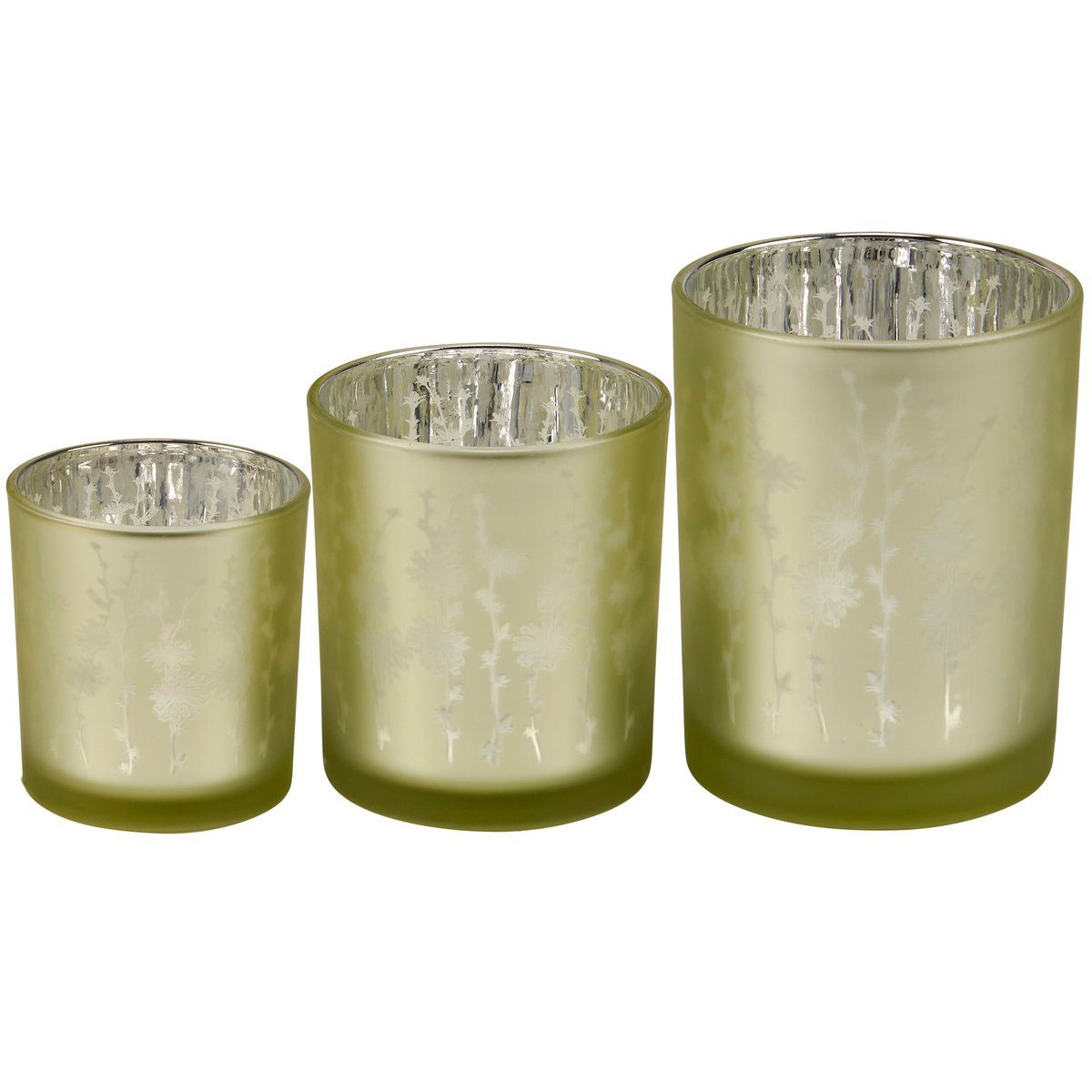 Elegant Frosted Green Glass Botanical Votive Candle Holder Set, 3-Piece Home Decor
