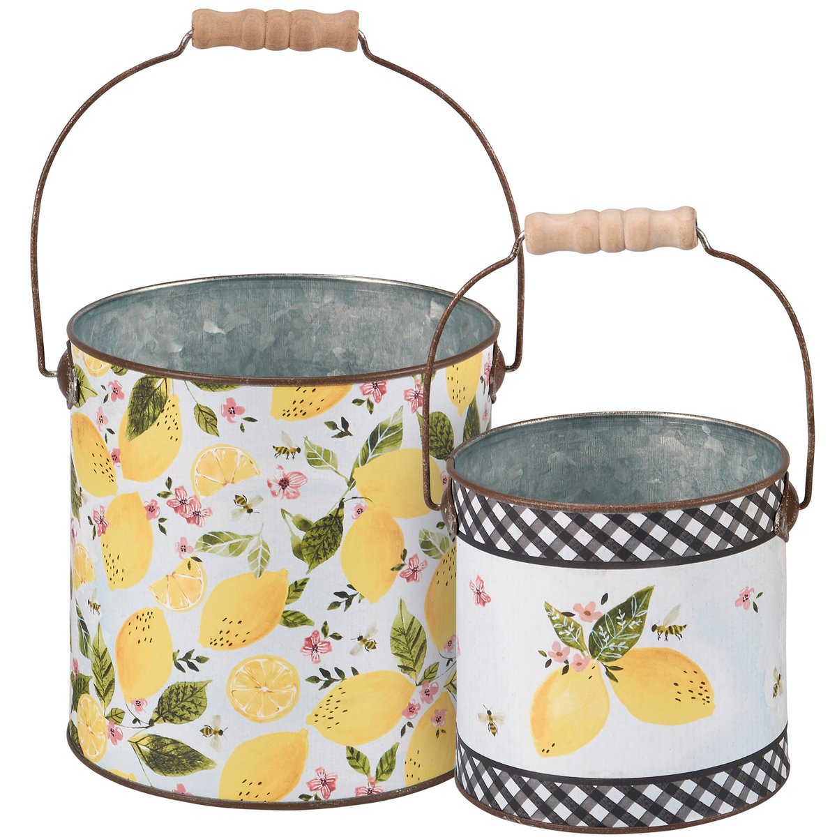 Vibrant Lemon Galvanized Metal Bucket Set - Two Decorative Planters with Wood Handles