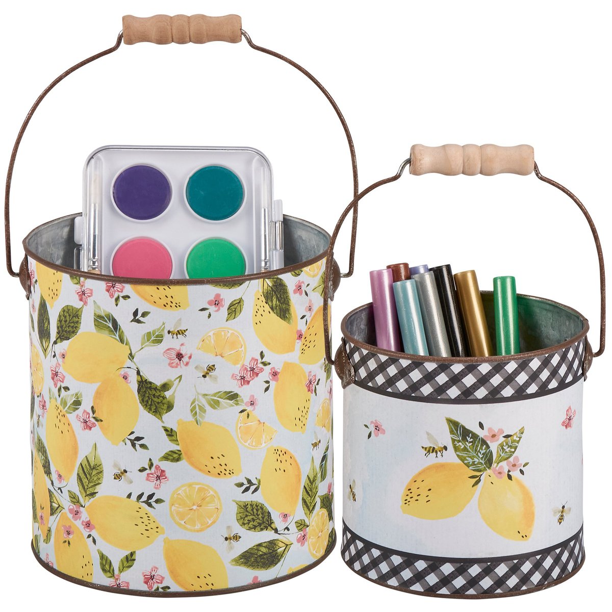 Vibrant Lemon Galvanized Metal Bucket Set - Two Decorative Planters with Wood Handles