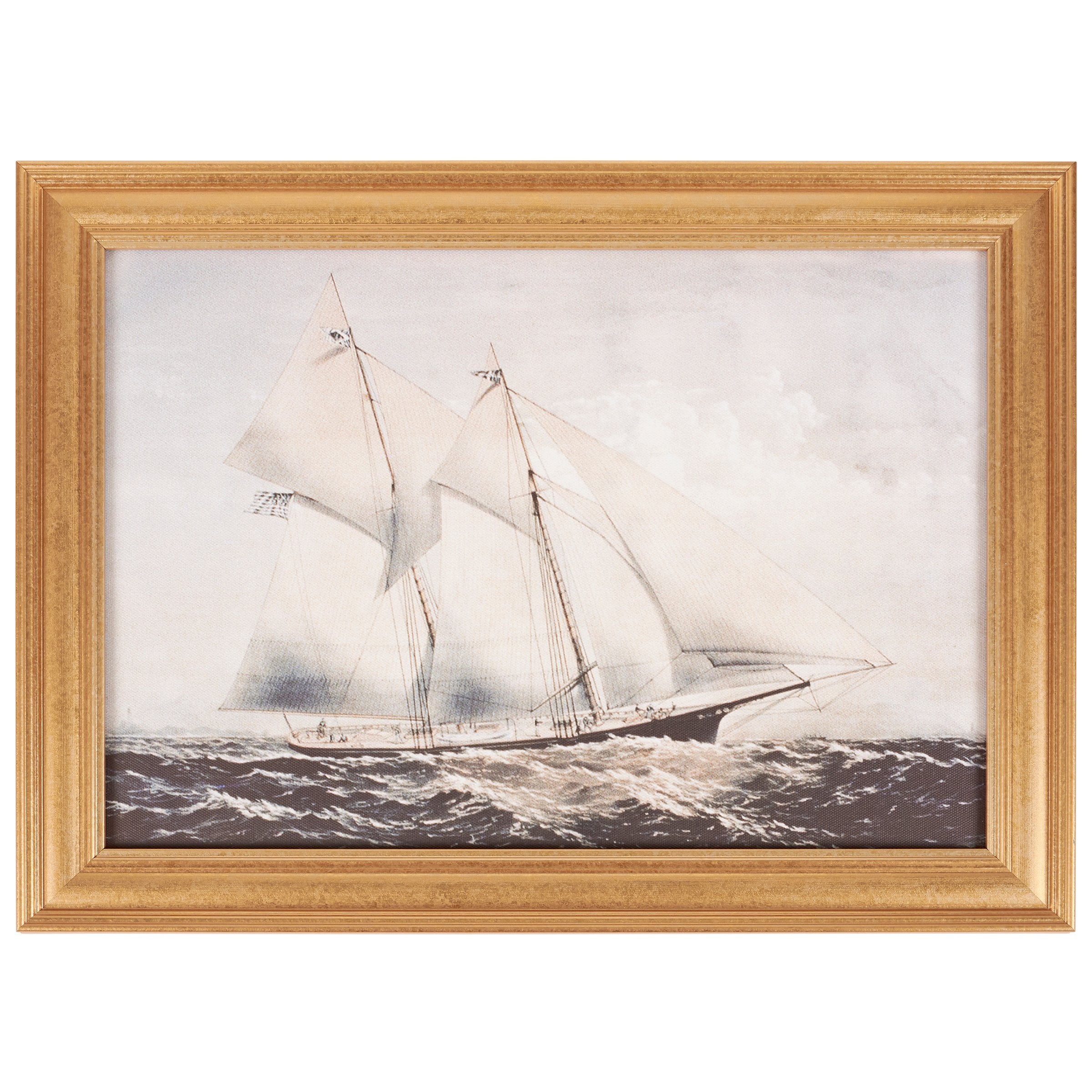 Coastal Schooner Vintage Framed Wall Art with Natural Wood Frame
