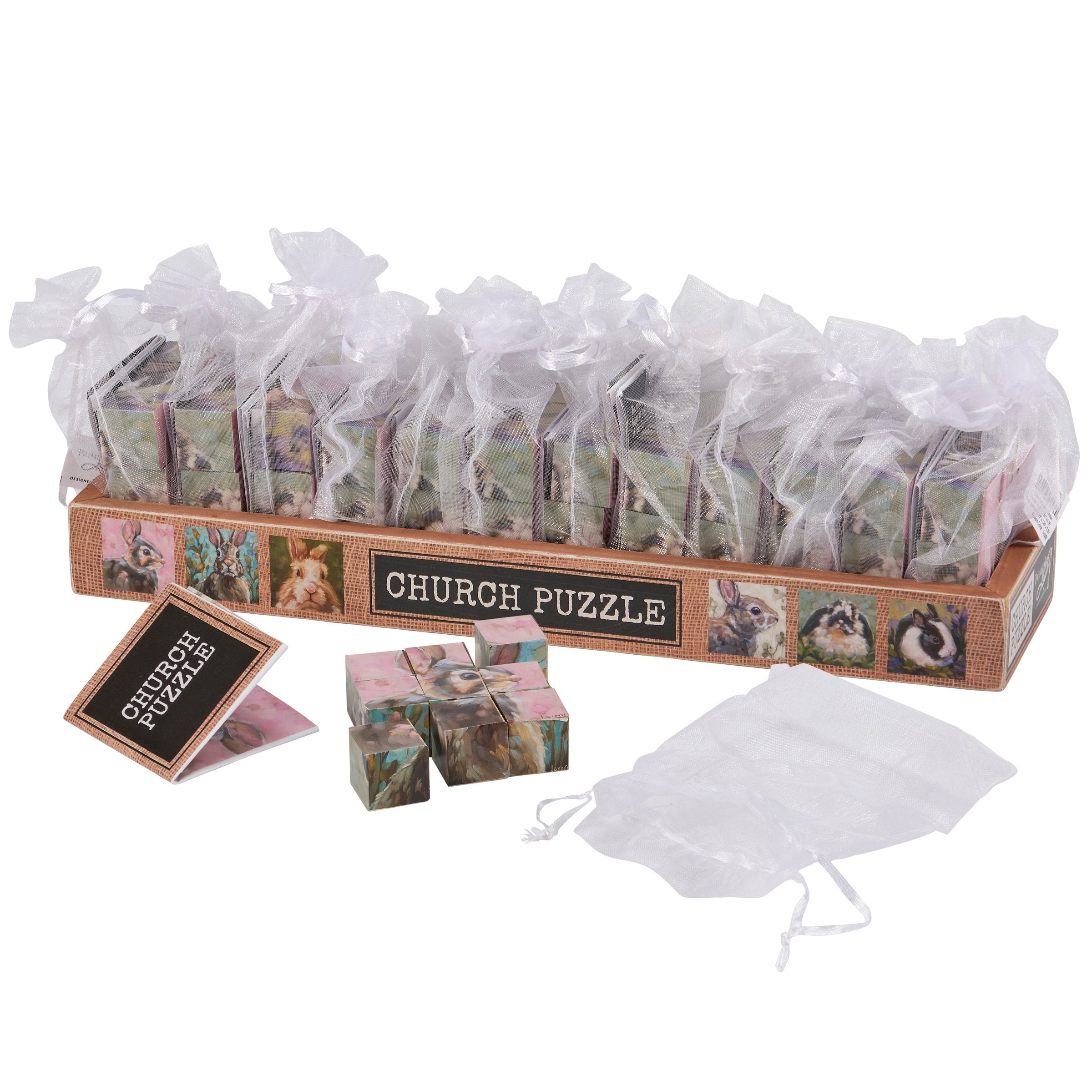 Charming Wooden Bunny Church Puzzle, 6 Spring Floral Scenes, Decorative Gift