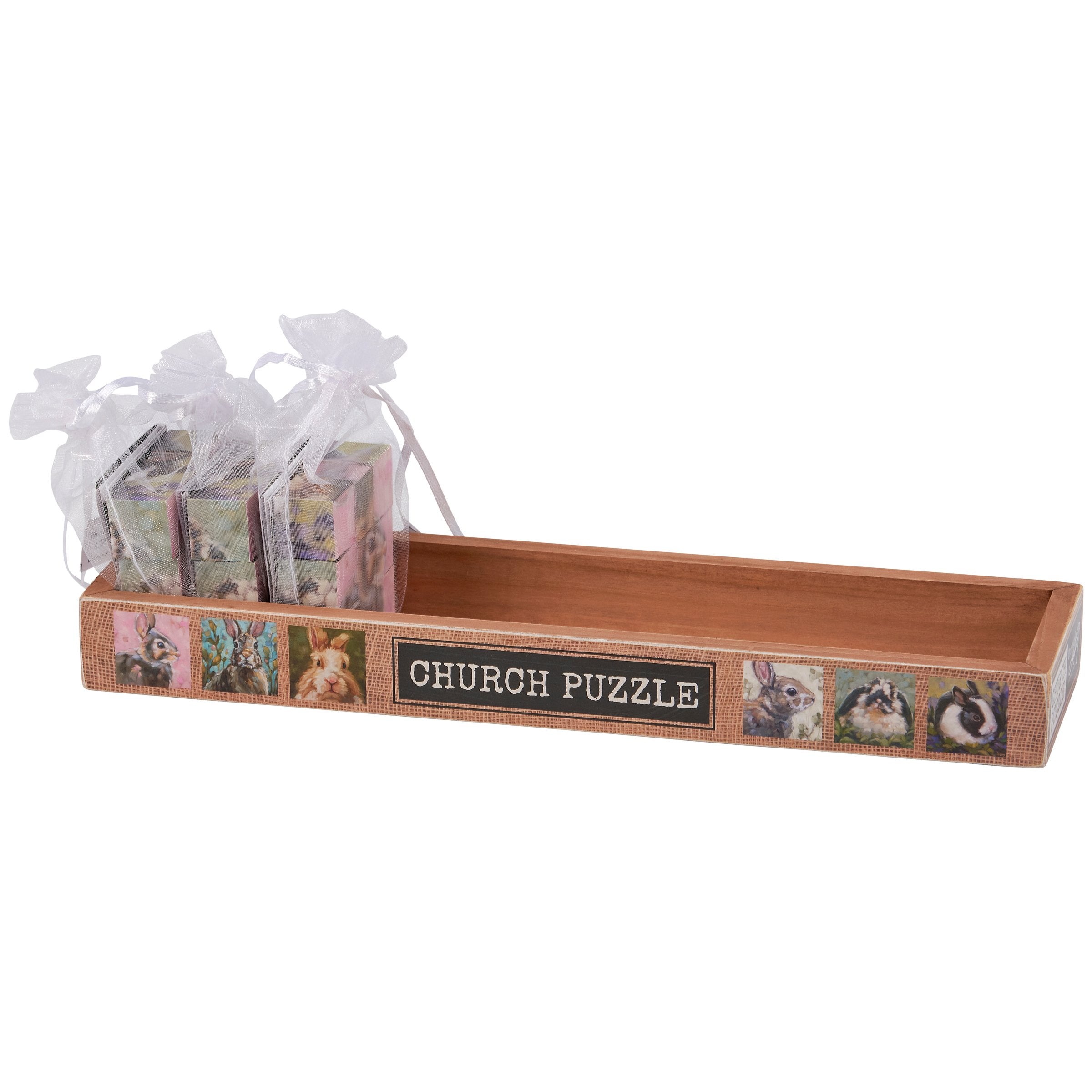 Charming Wooden Bunny Church Puzzle, 6 Spring Floral Scenes, Decorative Gift