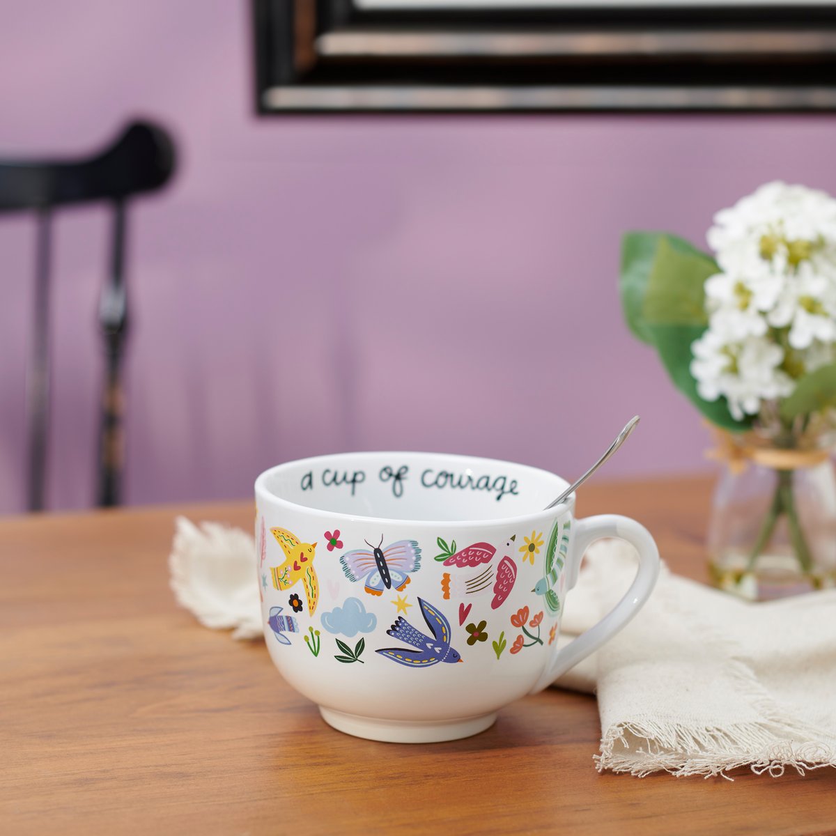 Inspirational Stoneware Mug with Birds, Butterflies, Florals – 20 oz Capacity