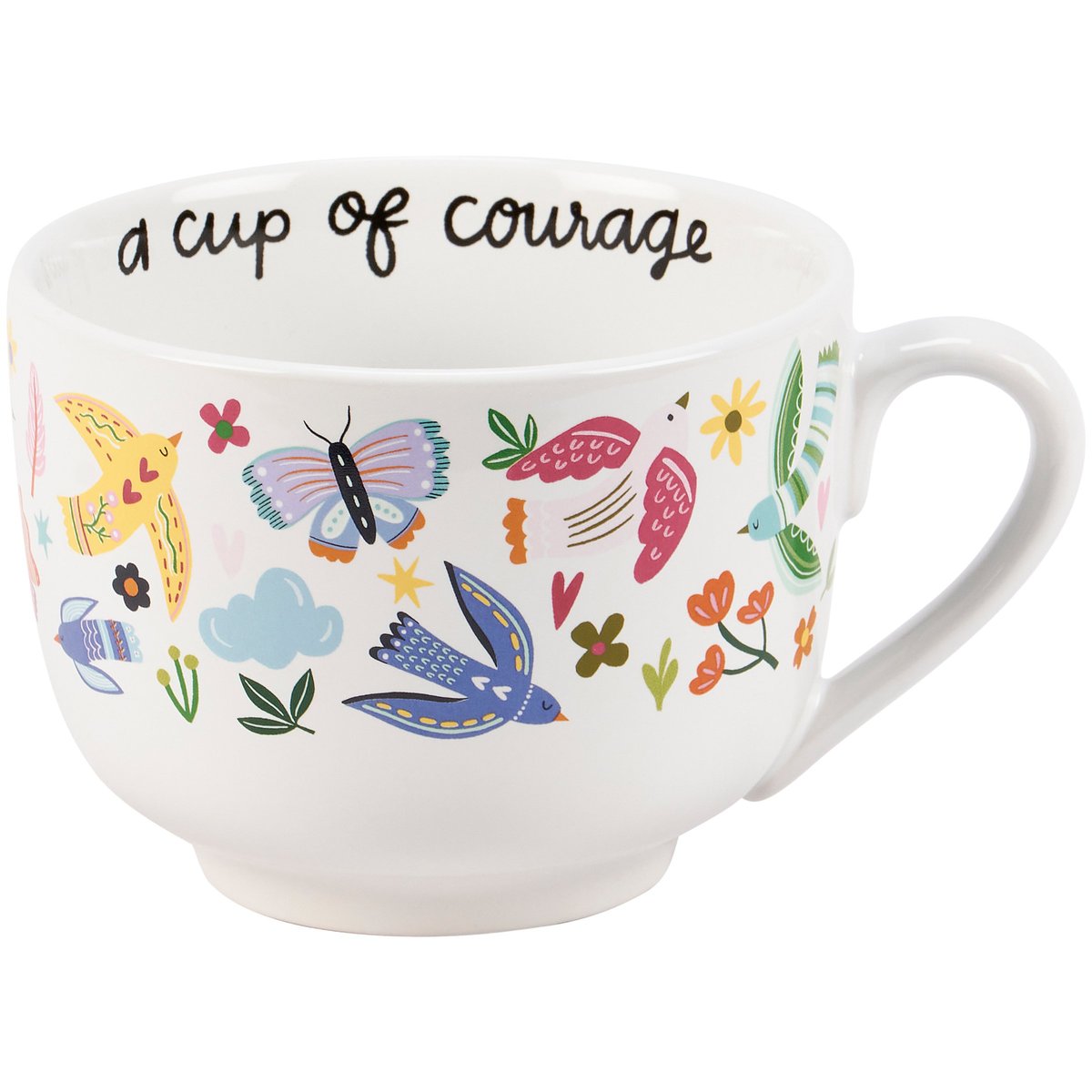 Inspirational Stoneware Mug with Birds, Butterflies, Florals – 20 oz Capacity