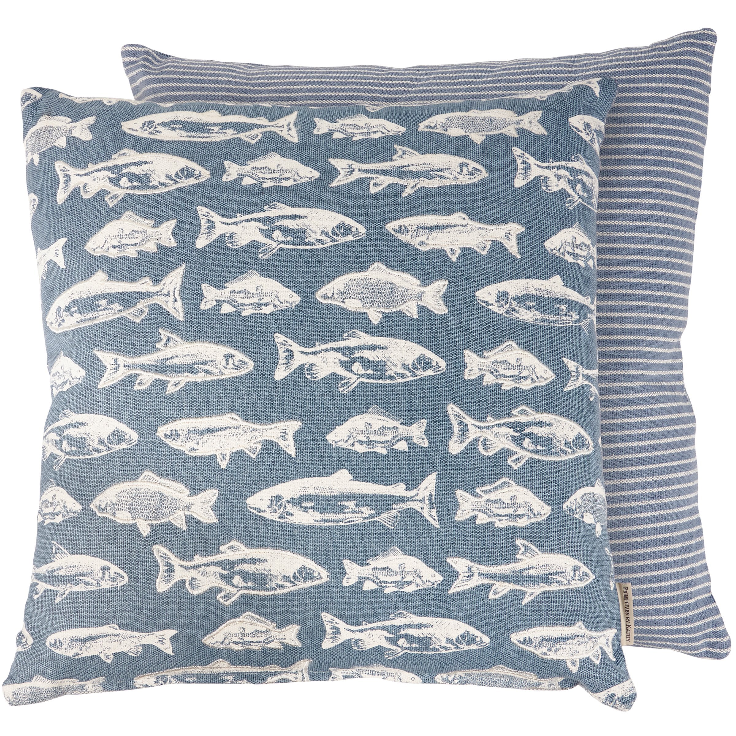 Rustic School of Fish Cotton Pillow with Zipper Cover, Lake Blue Embroidered Design