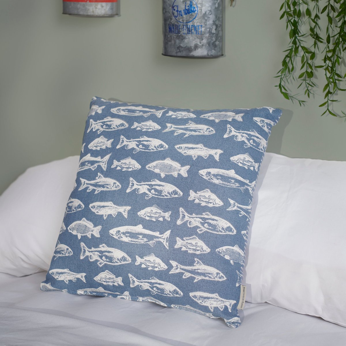 Rustic School of Fish Cotton Pillow with Zipper Cover, Lake Blue Embroidered Design