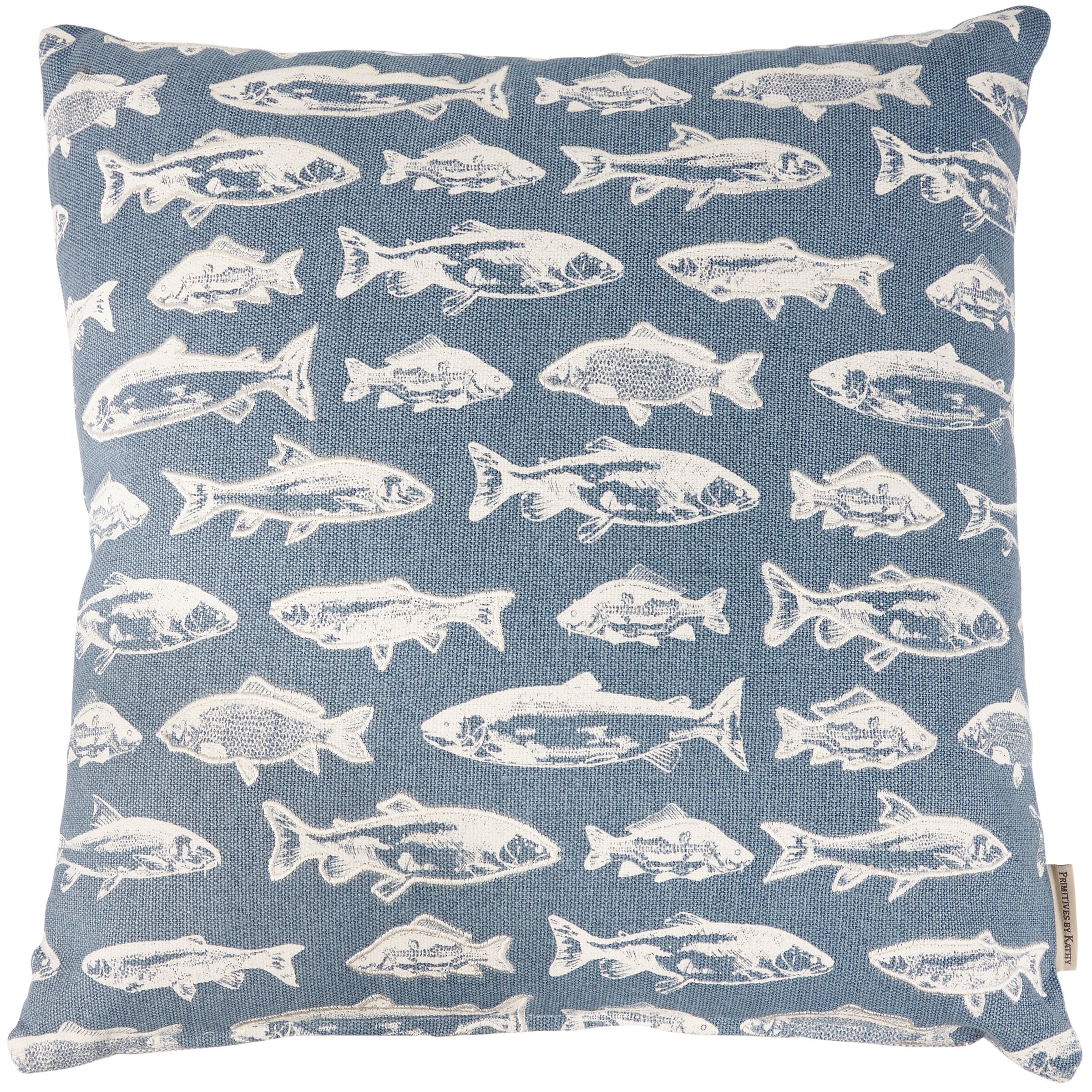 Rustic School of Fish Cotton Pillow with Zipper Cover, Lake Blue Embroidered Design