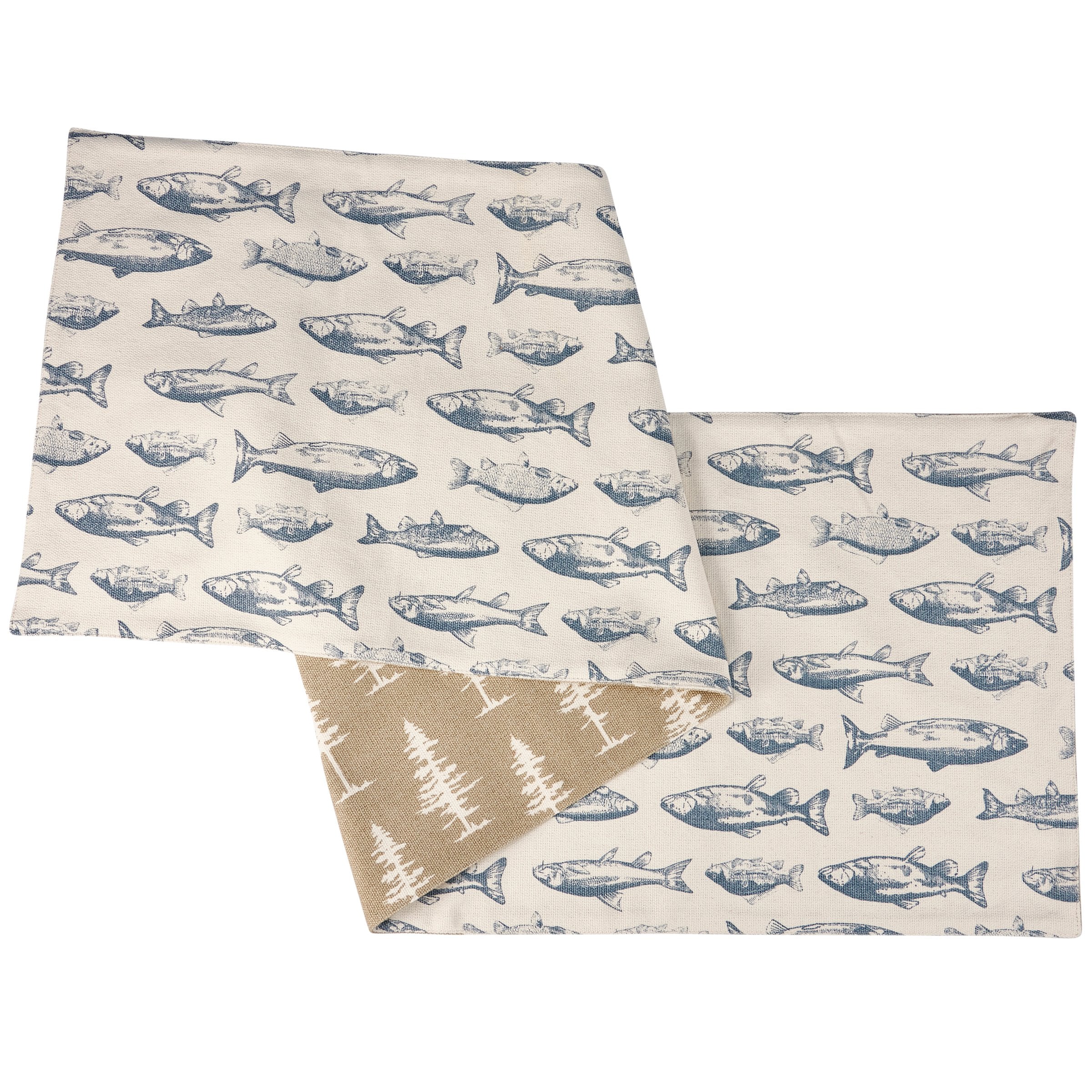 Reversible Rustic School of Fish & Forest Cotton Table Runner, Machine Washable
