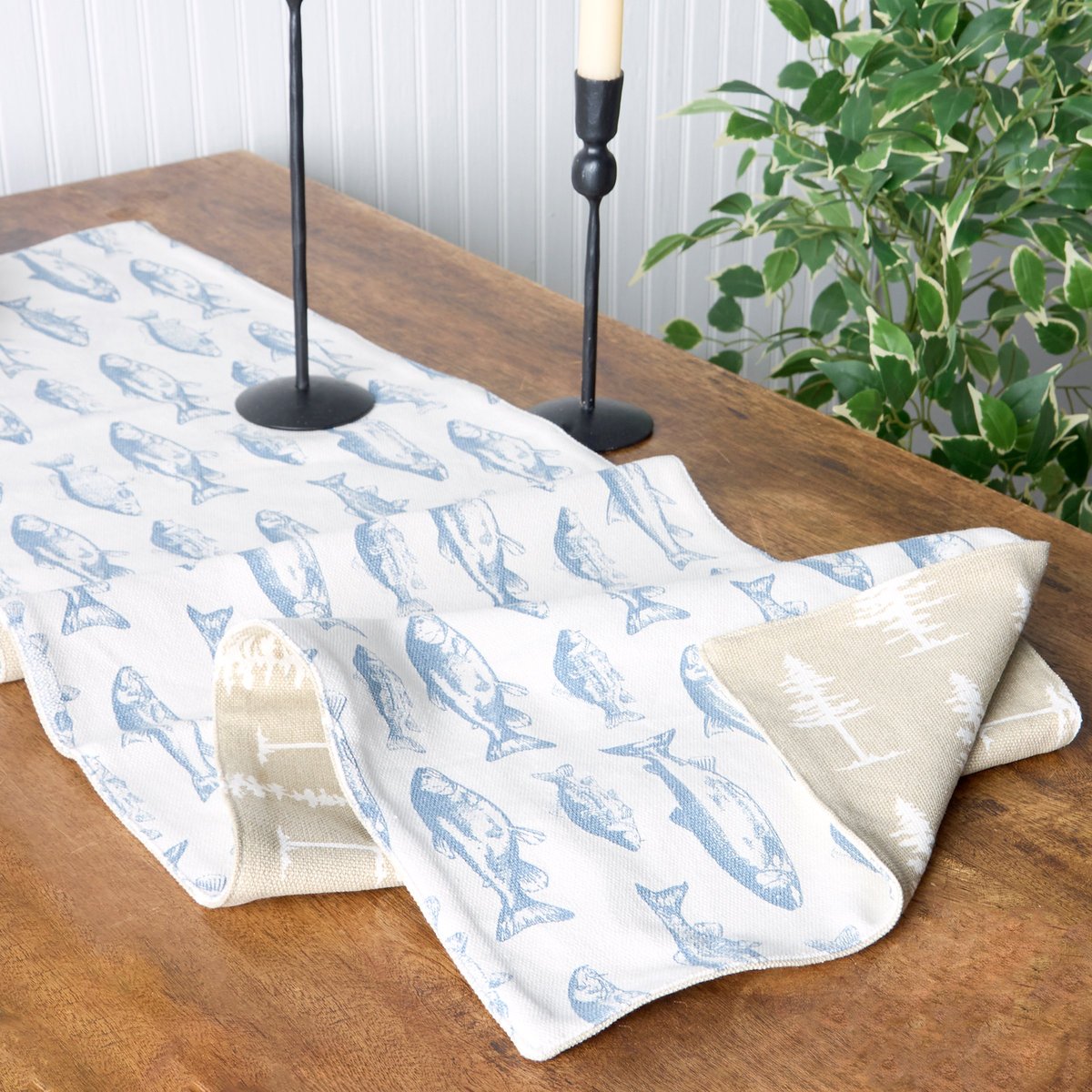 Reversible Rustic School of Fish & Forest Cotton Table Runner, Machine Washable