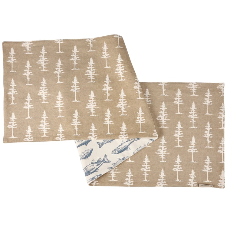 Reversible Rustic School of Fish & Forest Cotton Table Runner, Machine Washable