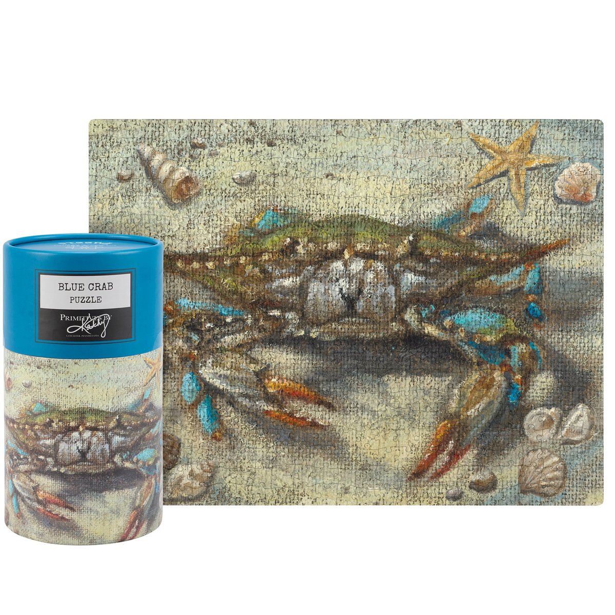 Coastal Blue Crab 500-Piece Jigsaw Puzzle, Hand-Painted Burlap Art, Beach Themed