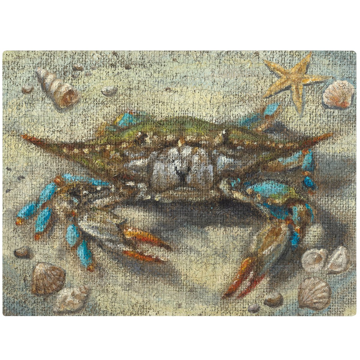 Coastal Blue Crab 500-Piece Jigsaw Puzzle, Hand-Painted Burlap Art, Beach Themed