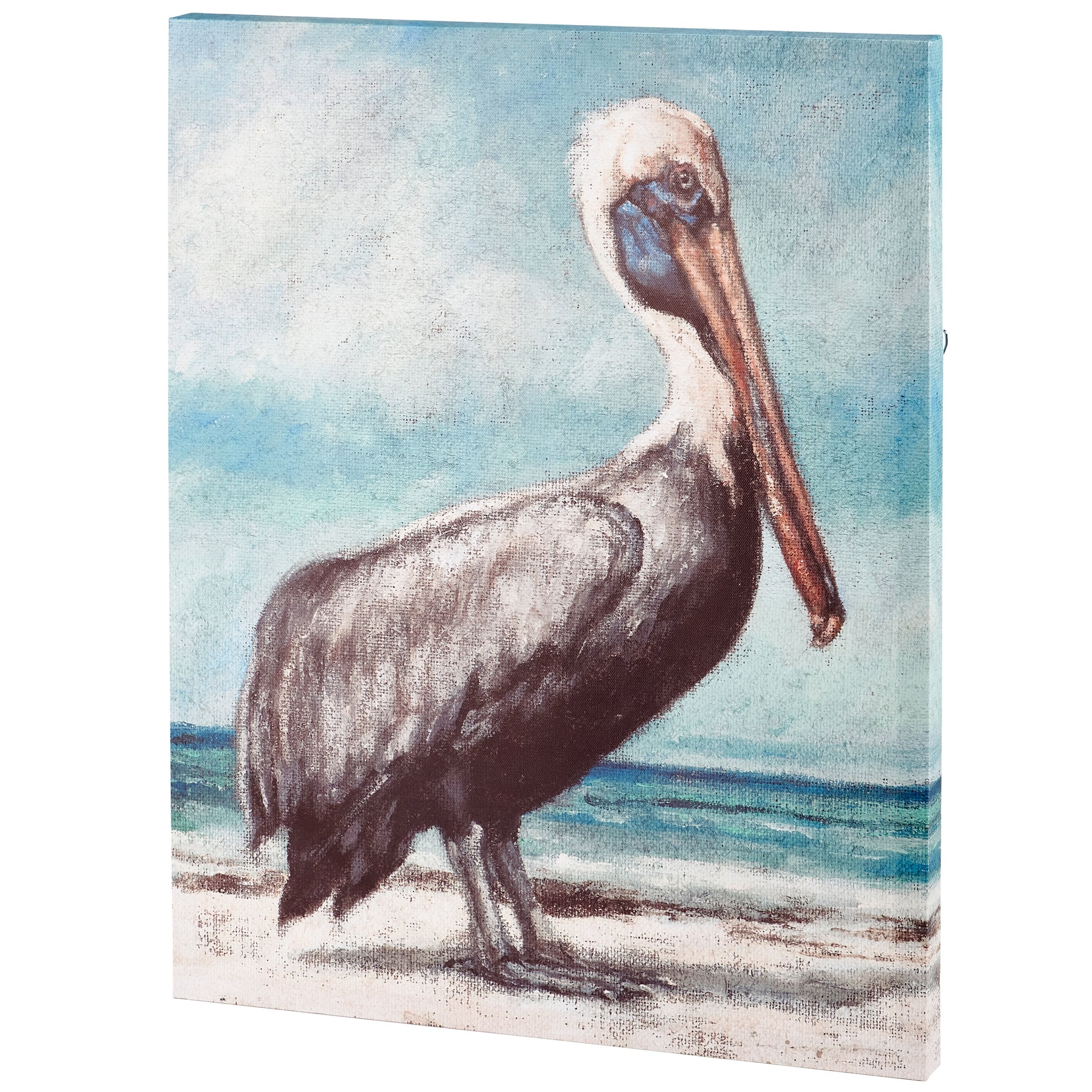 Coastal Pelican Beach Scene Canvas Wall Art, Rustic Burlap Texture Home Decor