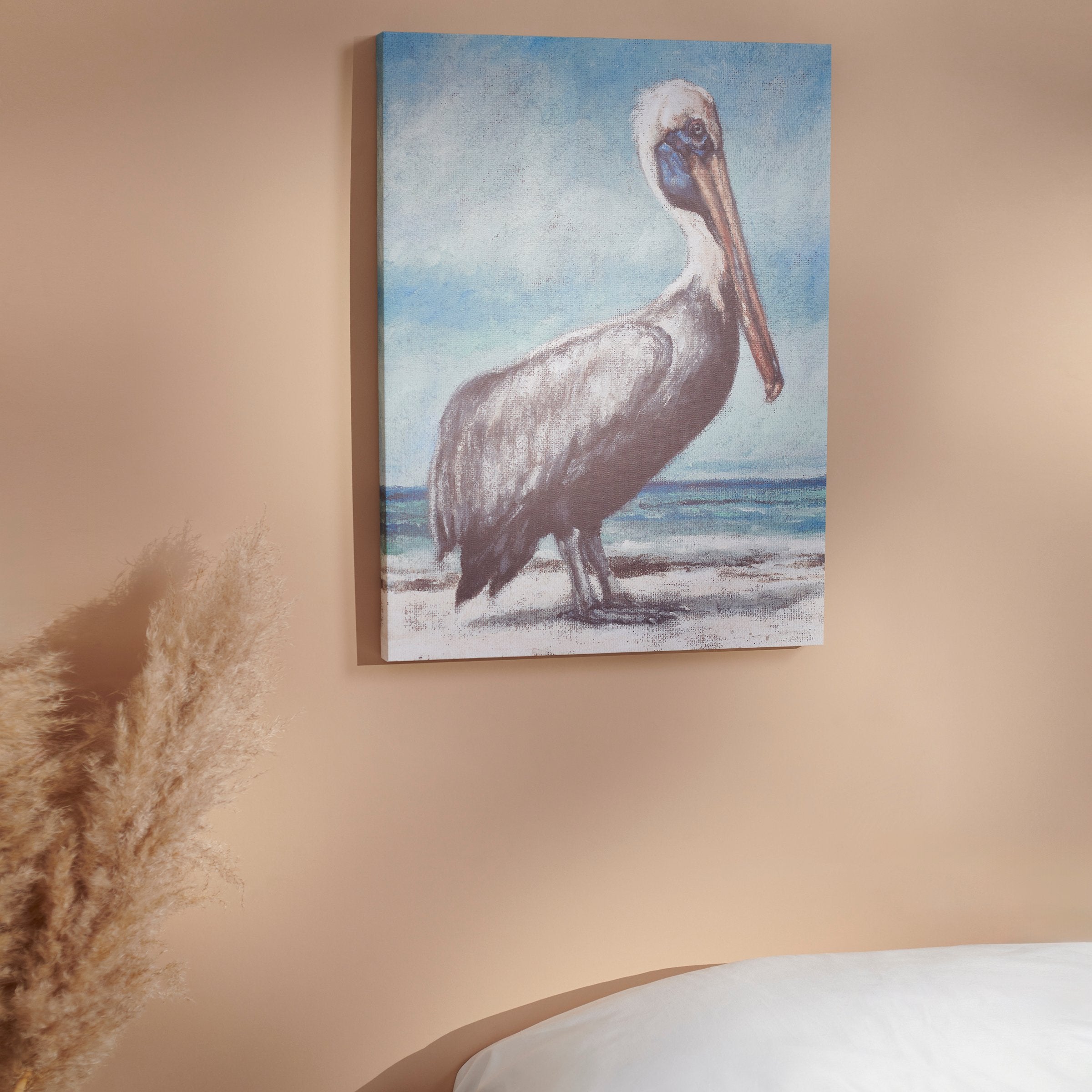Coastal Pelican Beach Scene Canvas Wall Art, Rustic Burlap Texture Home Decor