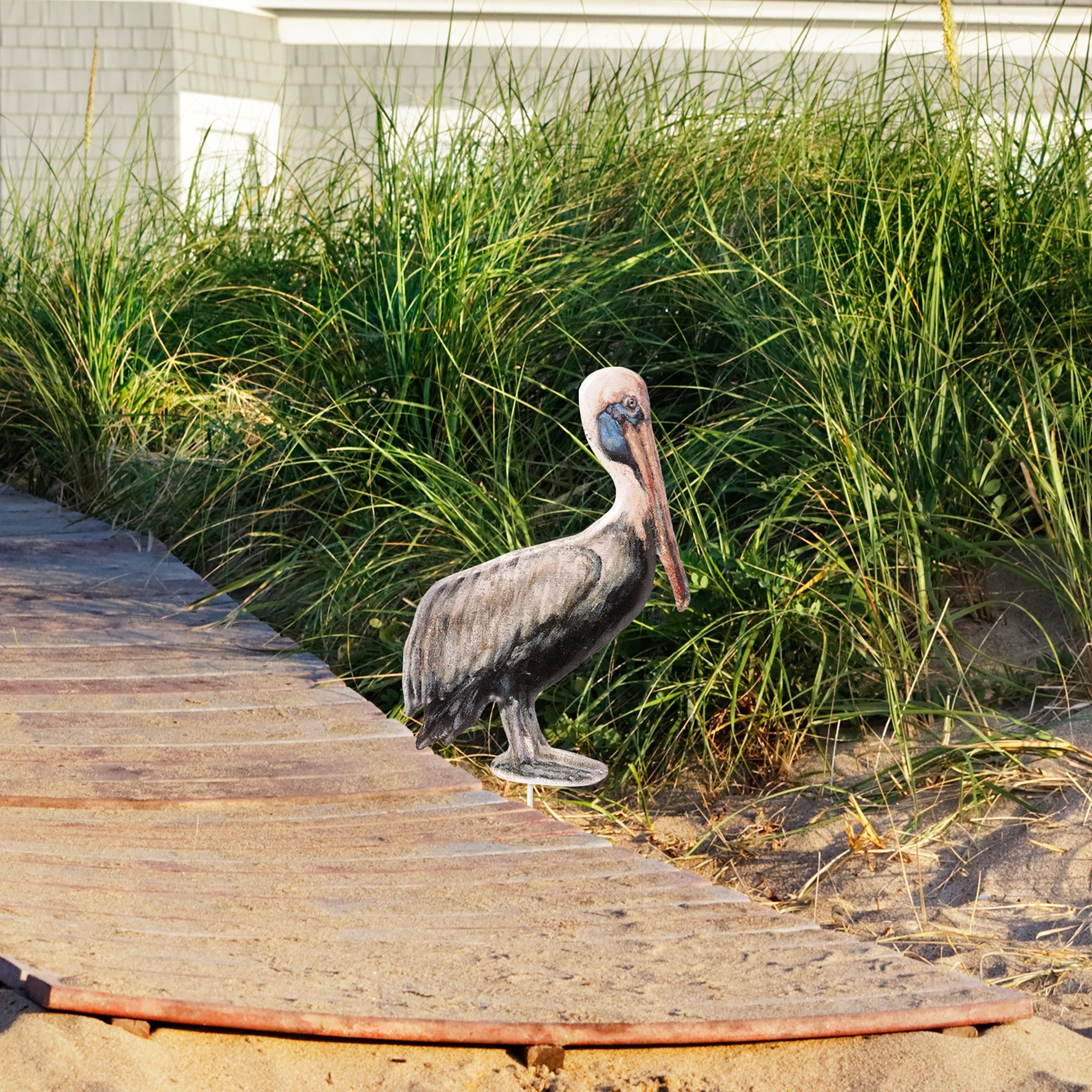 Charming Pelican Metal Garden Pick with Embossed Details and 8-inch Stake