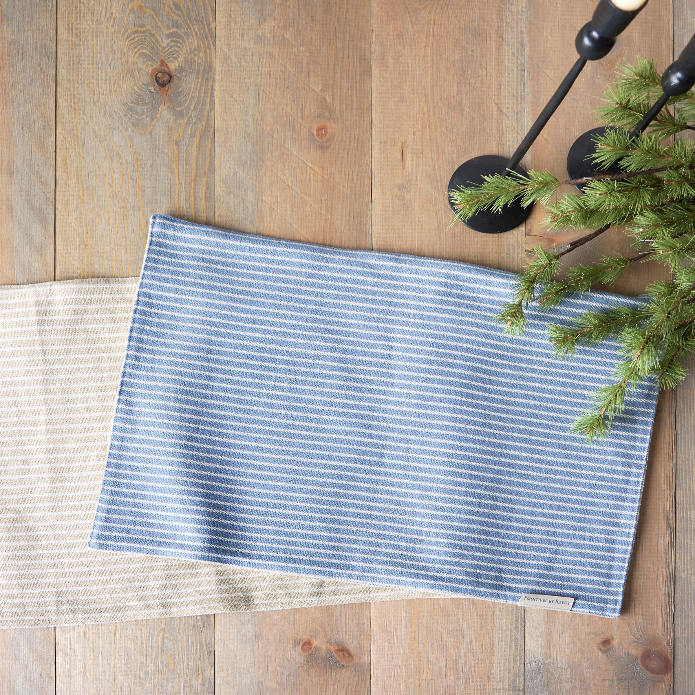 Reversible Lake & Cabin Summer Stripes Cotton Placemat: Rustic Blue & Tan Dining Decor