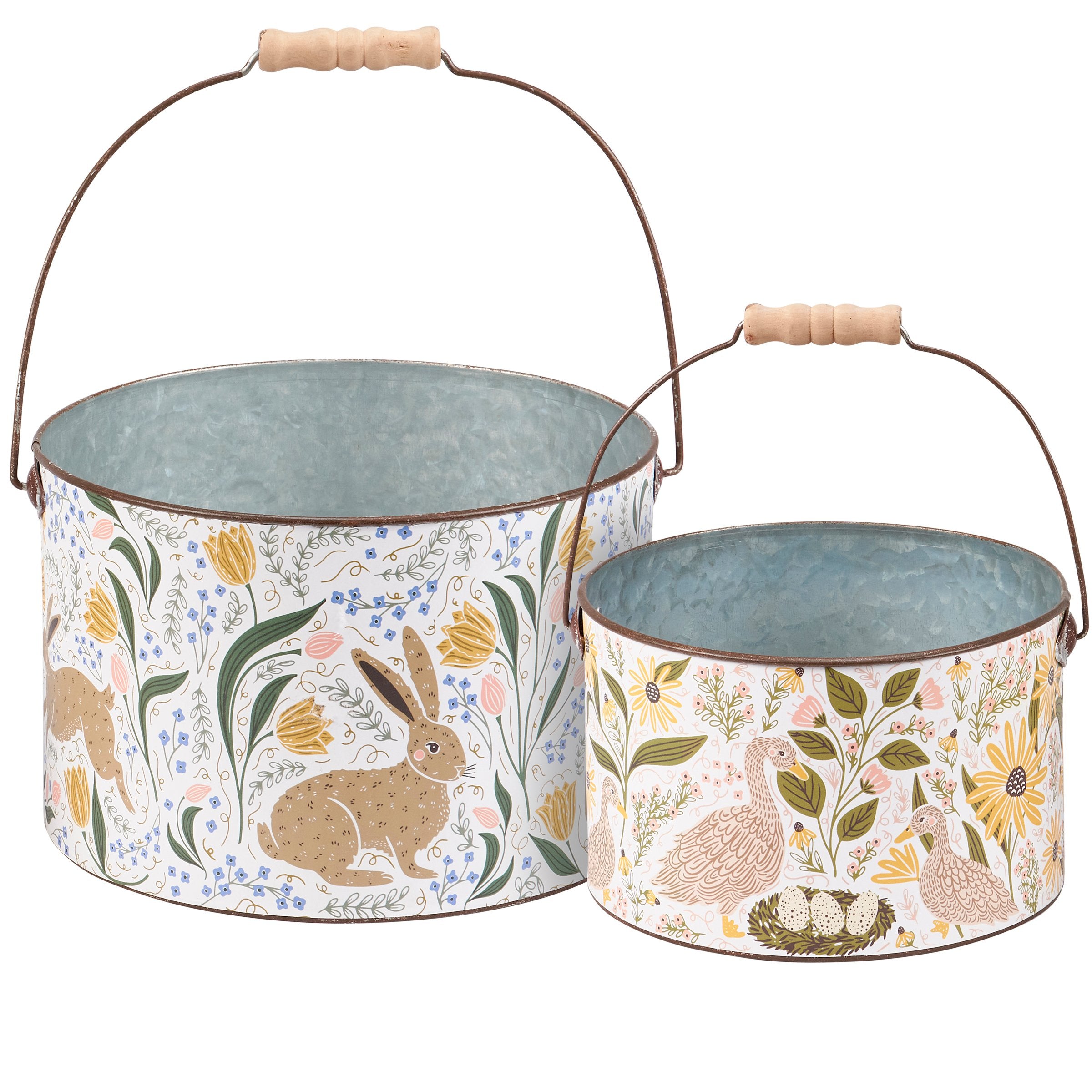 Charming Easter Spring Folk Art Rabbit Duck Metal Bucket Set Decor