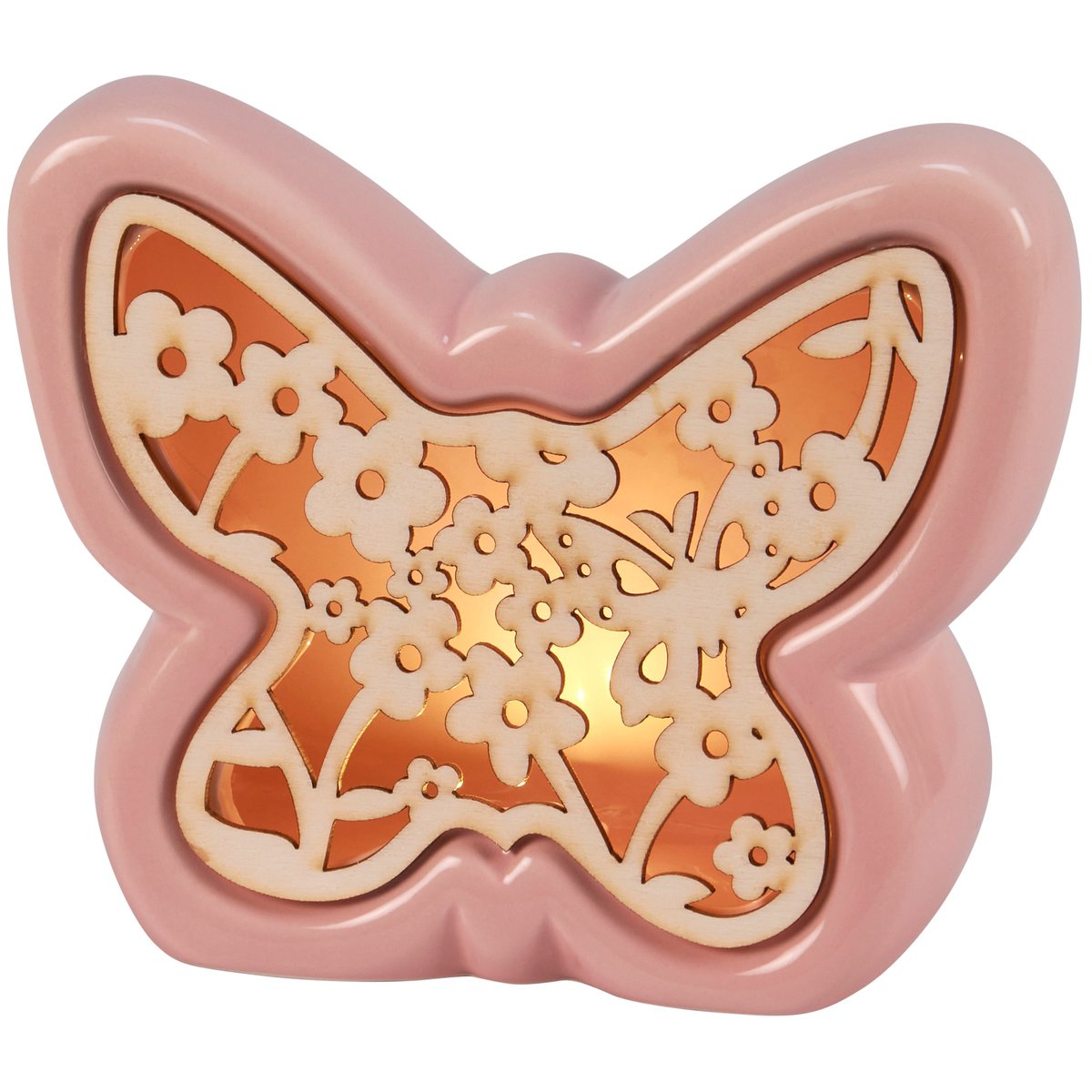 Charming Pink Ceramic Lighted Butterfly Figurine with Floral Wood Insert