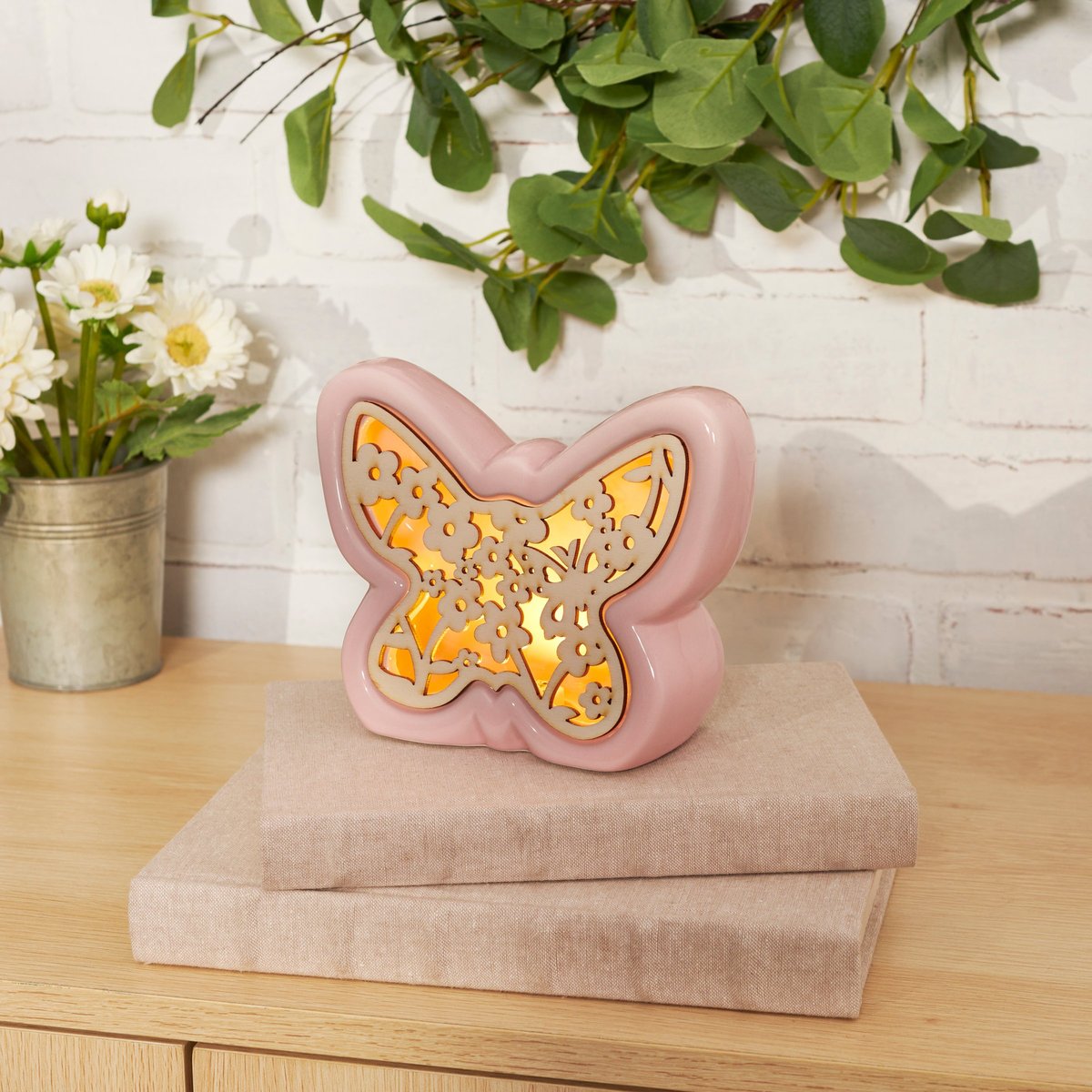 Charming Pink Ceramic Lighted Butterfly Figurine with Floral Wood Insert