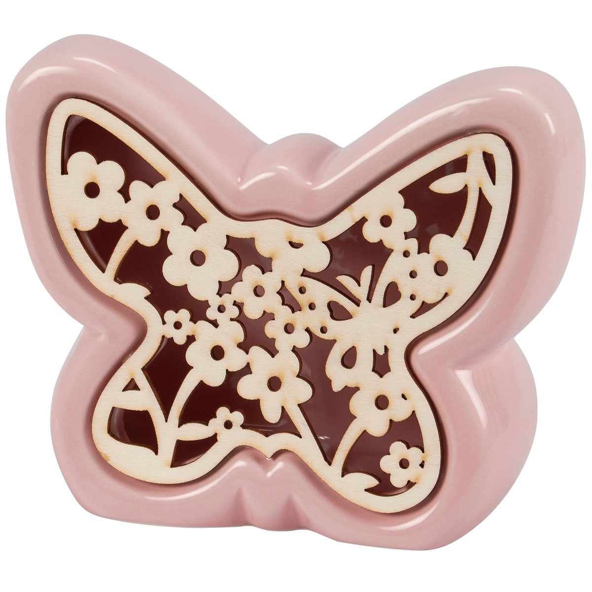 Charming Pink Ceramic Lighted Butterfly Figurine with Floral Wood Insert
